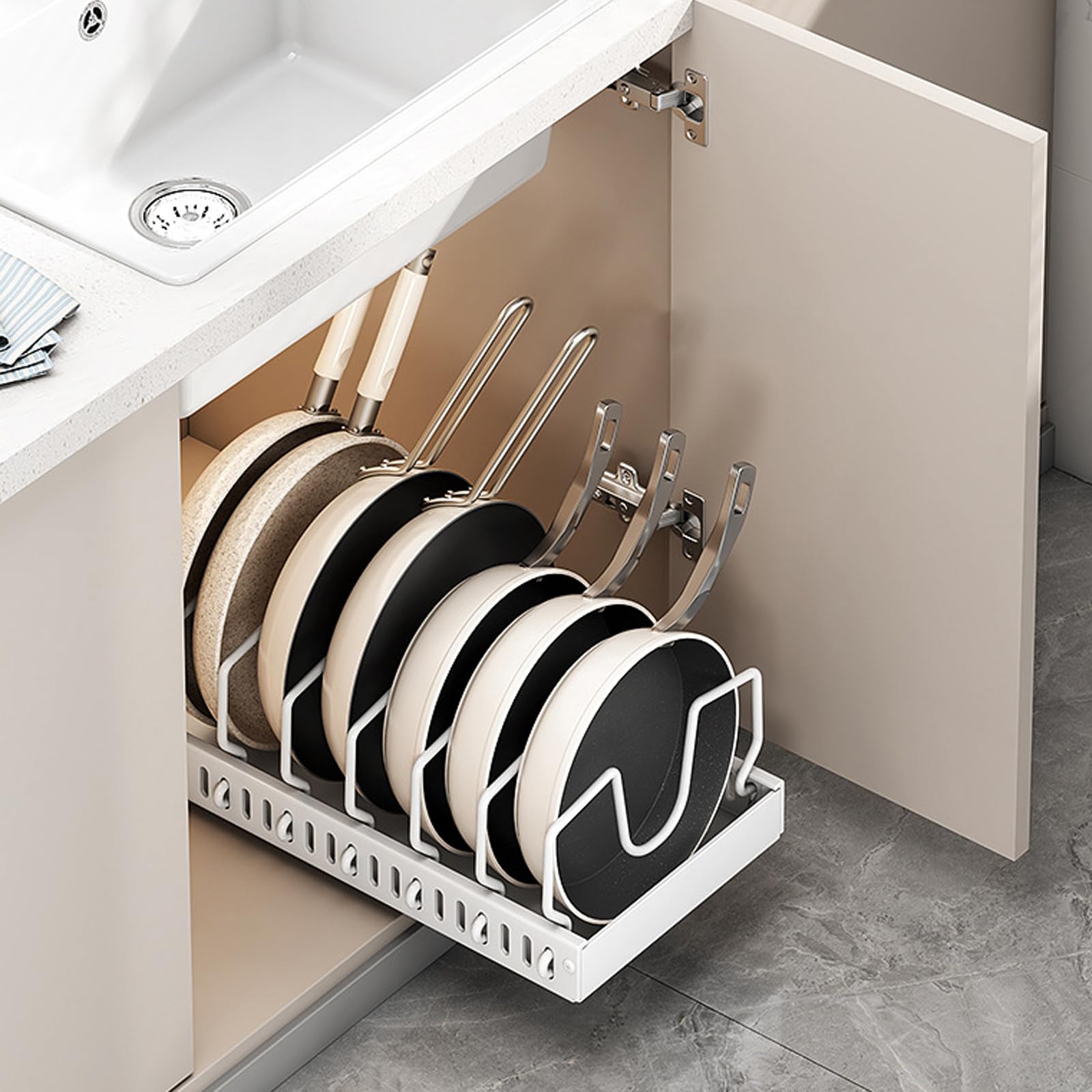 2er-Pack ausziehbare Töpfe und Pfannen Organizer unter dem Schrank,Töpfe und Pfannen Organizer für Schrank, Pfannenorganisatoren Aufbewahrung mit 8 verstellbaren Trennwänden (Weiß)