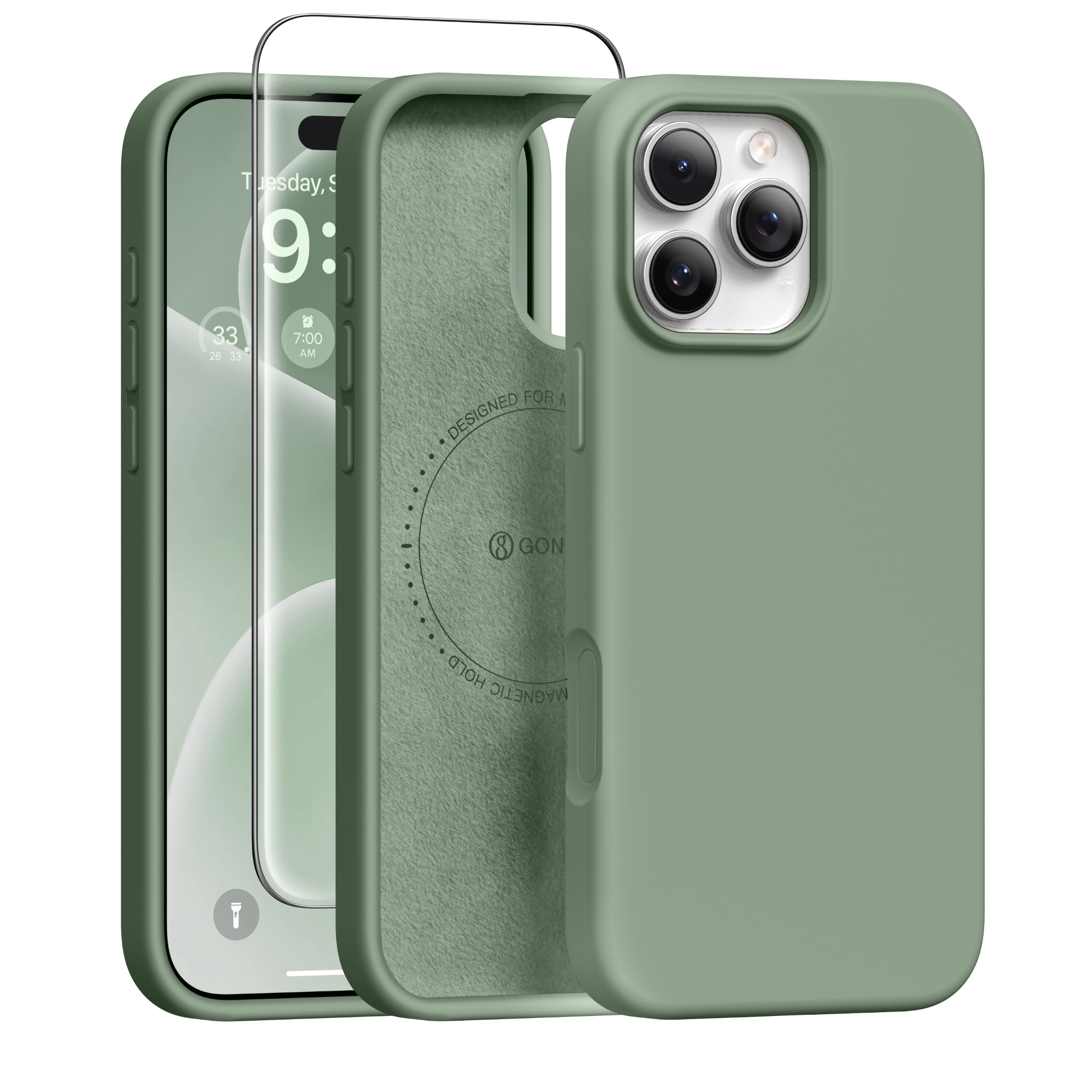 GONEZ Magnetic for iPhone 16 Pro Case, [Compatible with MagSafe] Anti-Scratch Microfiber Lining &amp; Screen Protector, Silicone Camera Control, Shockproof Slim Phone Cover 6.3 inch, Light Green