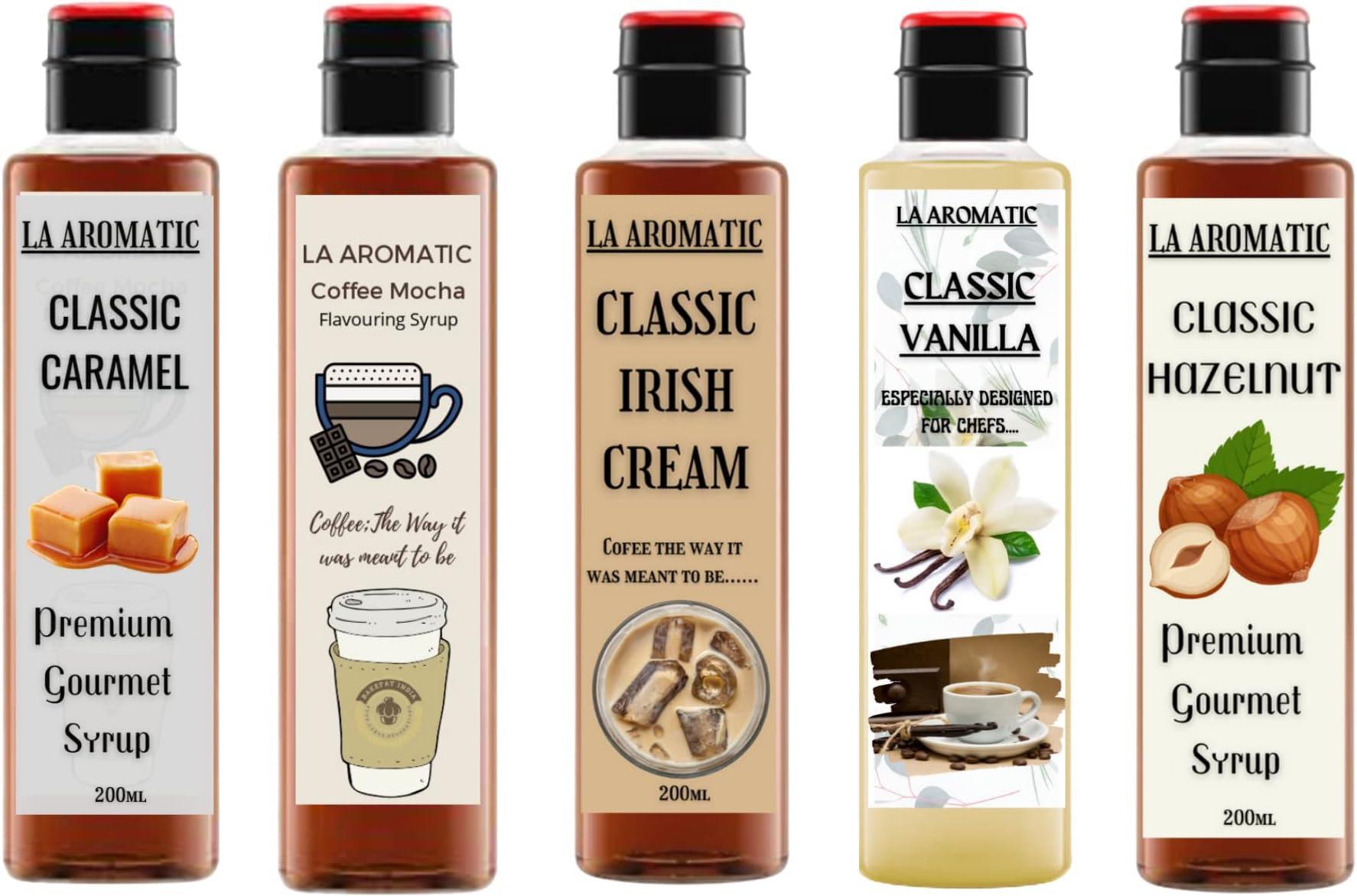 La Aromatic All Exotic Coffee Syrups Combo of 5 flavours (Hazelnut,Vanilla,Irish Cream,Caramel,Coffee Mocha)-200ml Each