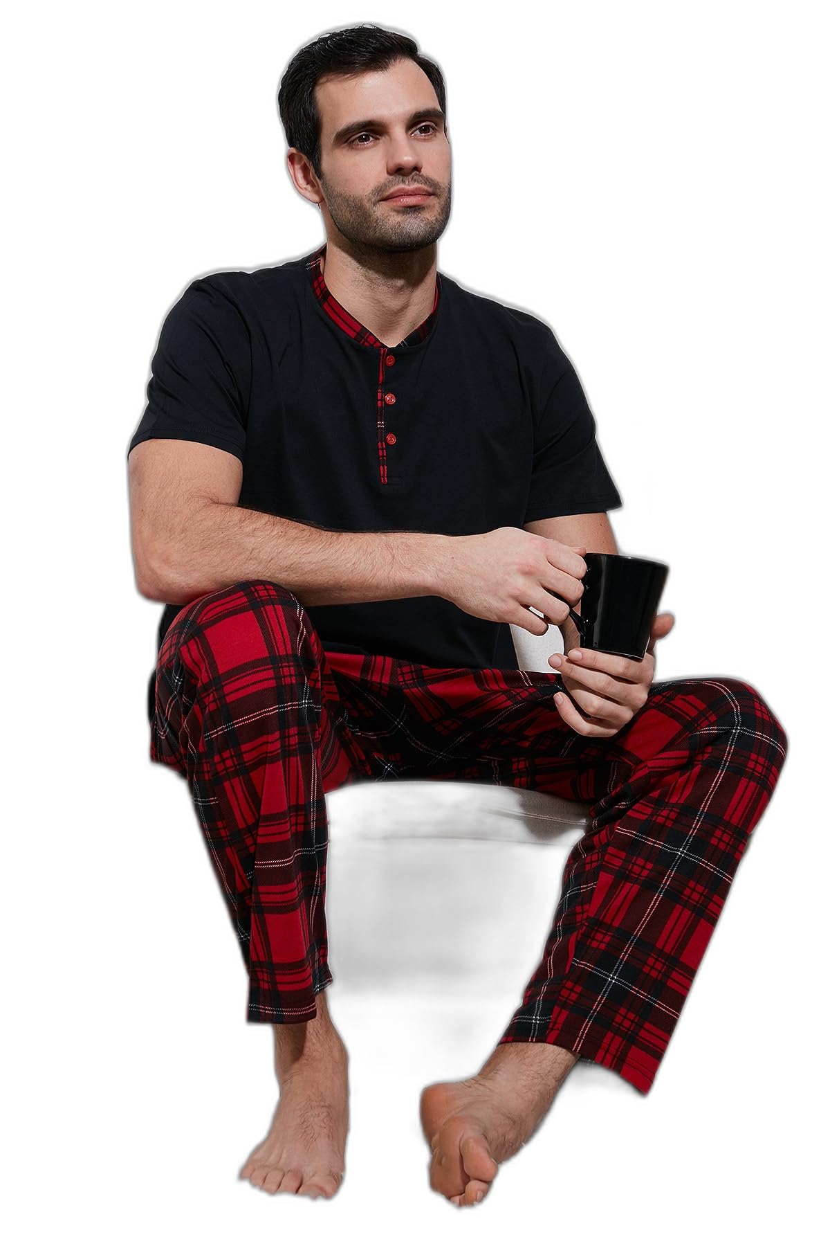 Buratti Ekoseli Pamuklu Regular Fit Bisiklet Yaka Kısa Kollu Erkek Pijama Takımı (LACİVERT-BEYAZ, XXL)