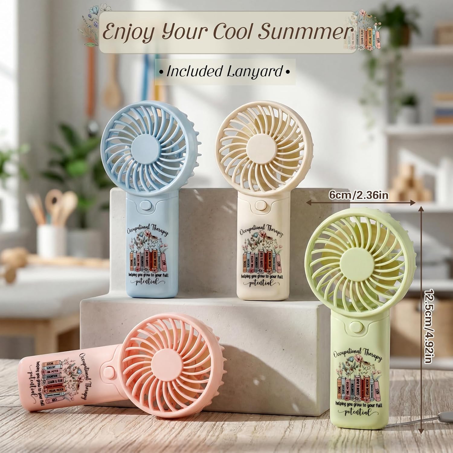 Fumete 12 Pcs Occupational Therapy Gifts Bulk Mini Portable Handheld Fans Battery Operated Florals OT Personal Fan Occupational Therapy Month Appreciation Gifts for OT Therapist Assistant Women