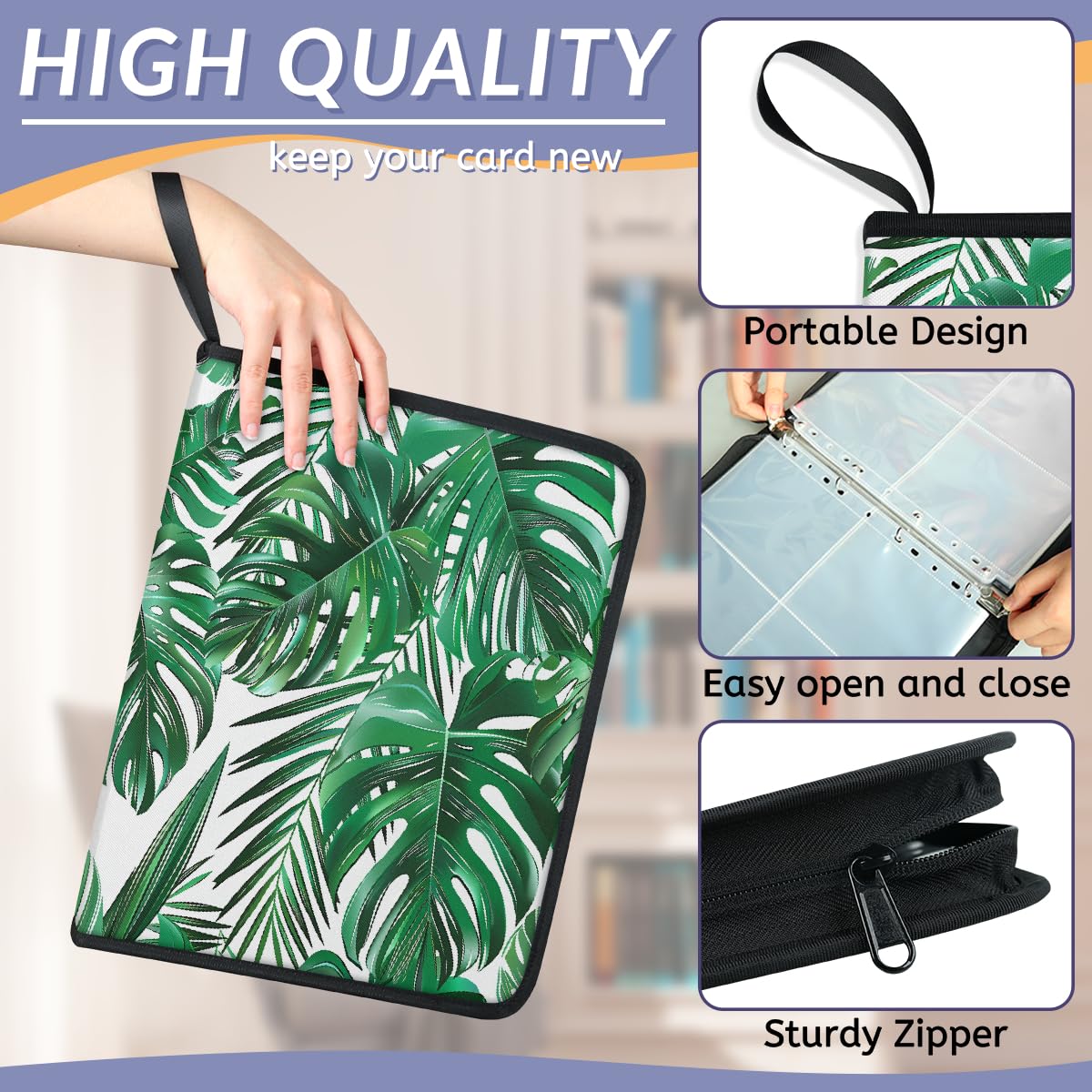Carpeta para tarjetas de intercambio, 4 bolsillos, hojas de palmera tropical, carpeta para tarjetas, álbum de tarjetas de hojas de selva con fundas extraíbles, libro de tarjetas impermeable con