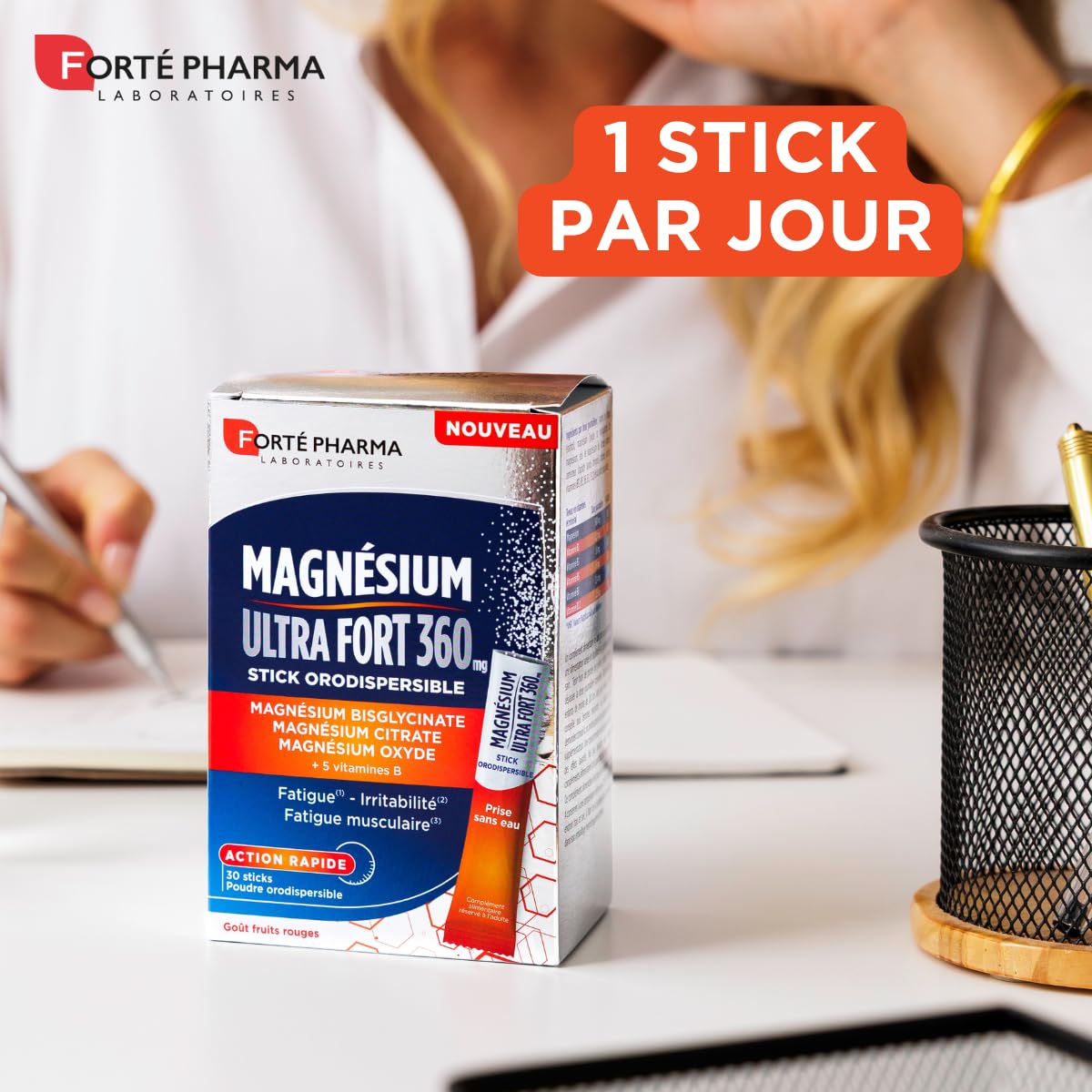 Forté Pharma - Magnésium Ultra Fort 360 - Energie booster, Irritabilité, Fatigue musculaire, Action rapide - 3 sources de magnesium dont bisglycinate, 5 Vitamines B - 30 sticks orodispersibles, 1/jour
