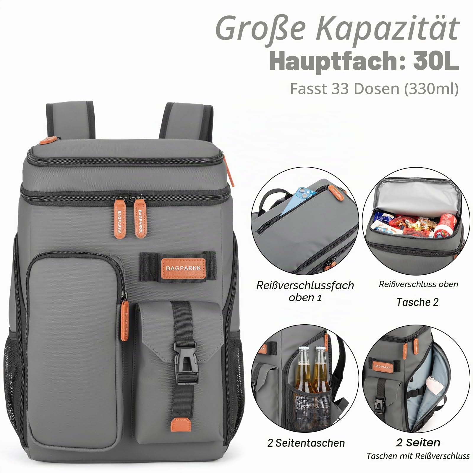 BAGPARKK Isolierter Kühlrucksack, 33 Dosen, multifunktional, doppelstöckig, auslaufsicher, Kühltasche mit Brustgurt, große Kapazität, leicht, Reisen, Camping, Strandrucksack