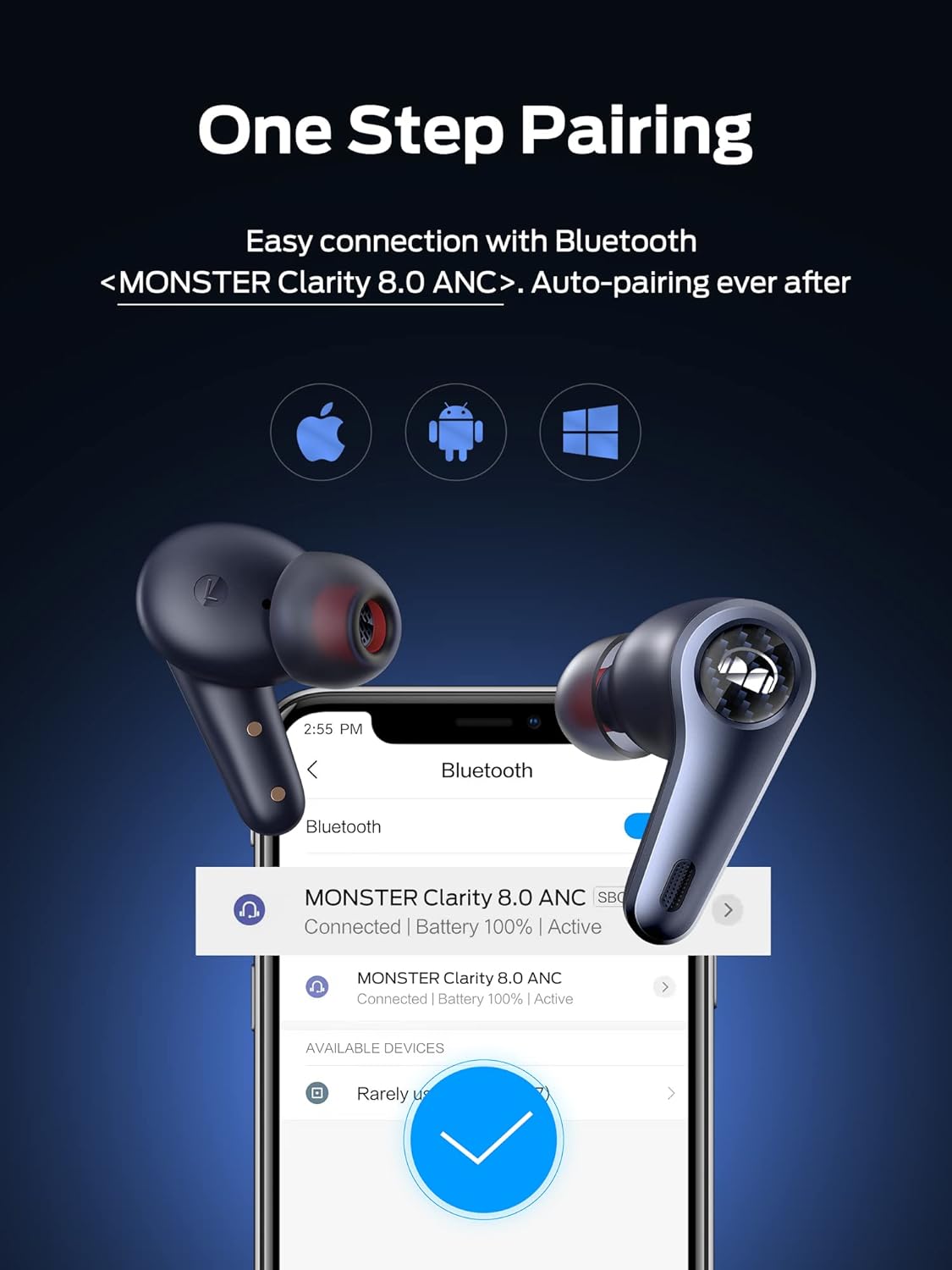 Monster Clarity 8.0 Hybrid Active Noise Cancelling Wireless Earbuds, 42dB in-Ear ANC Earphones Deep Bass with 6 Mics, Bluetooth 5.2, 50H Play Time with Wireless Charging Case，Blue - Image 8