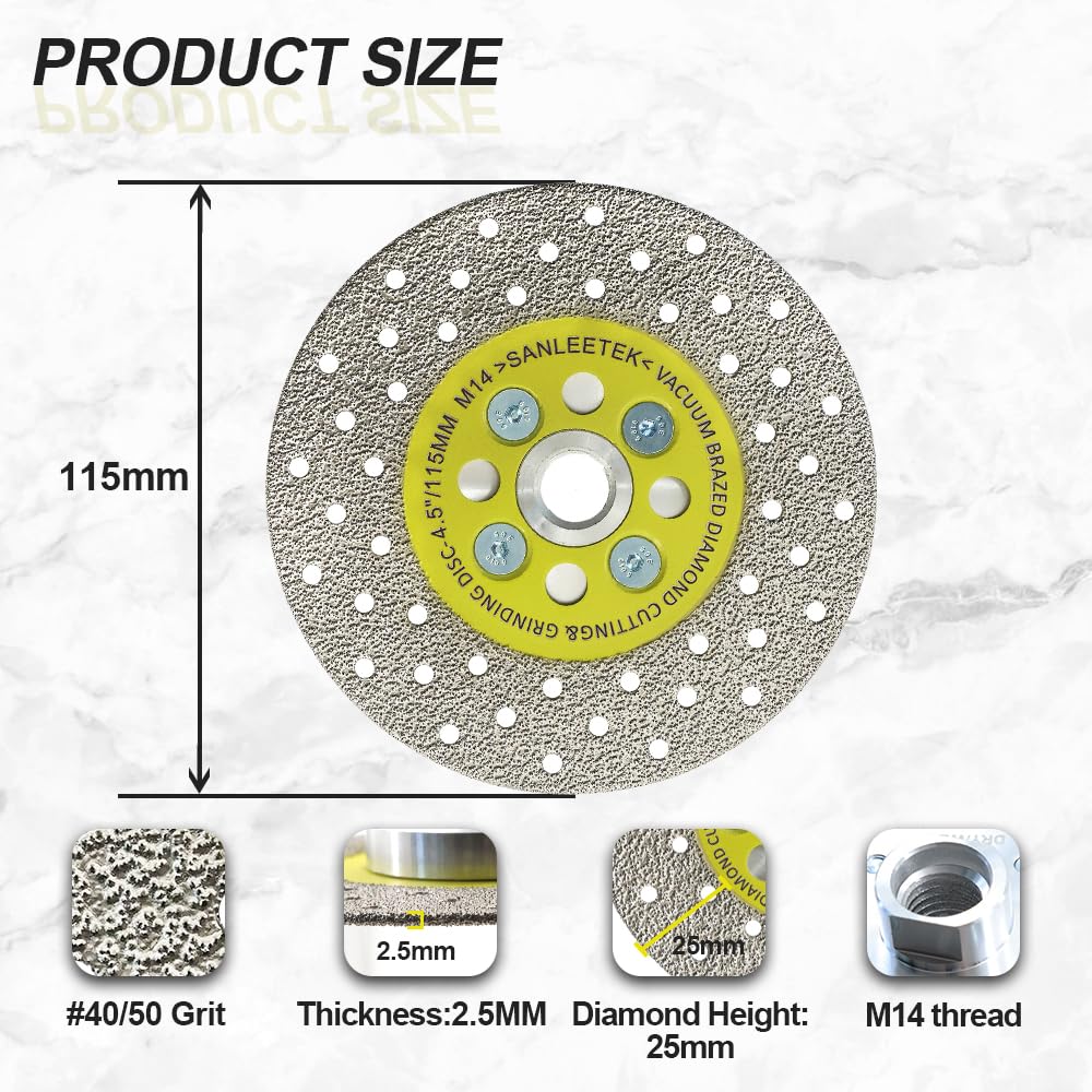 Disco diamantato, 115 mm, 5 pezzi, doppio lato, taglio e rettifica, sega brasata sottovuoto, per marmo granito, calcestruzzo, porcellana M14, filettatura SANLEETEK