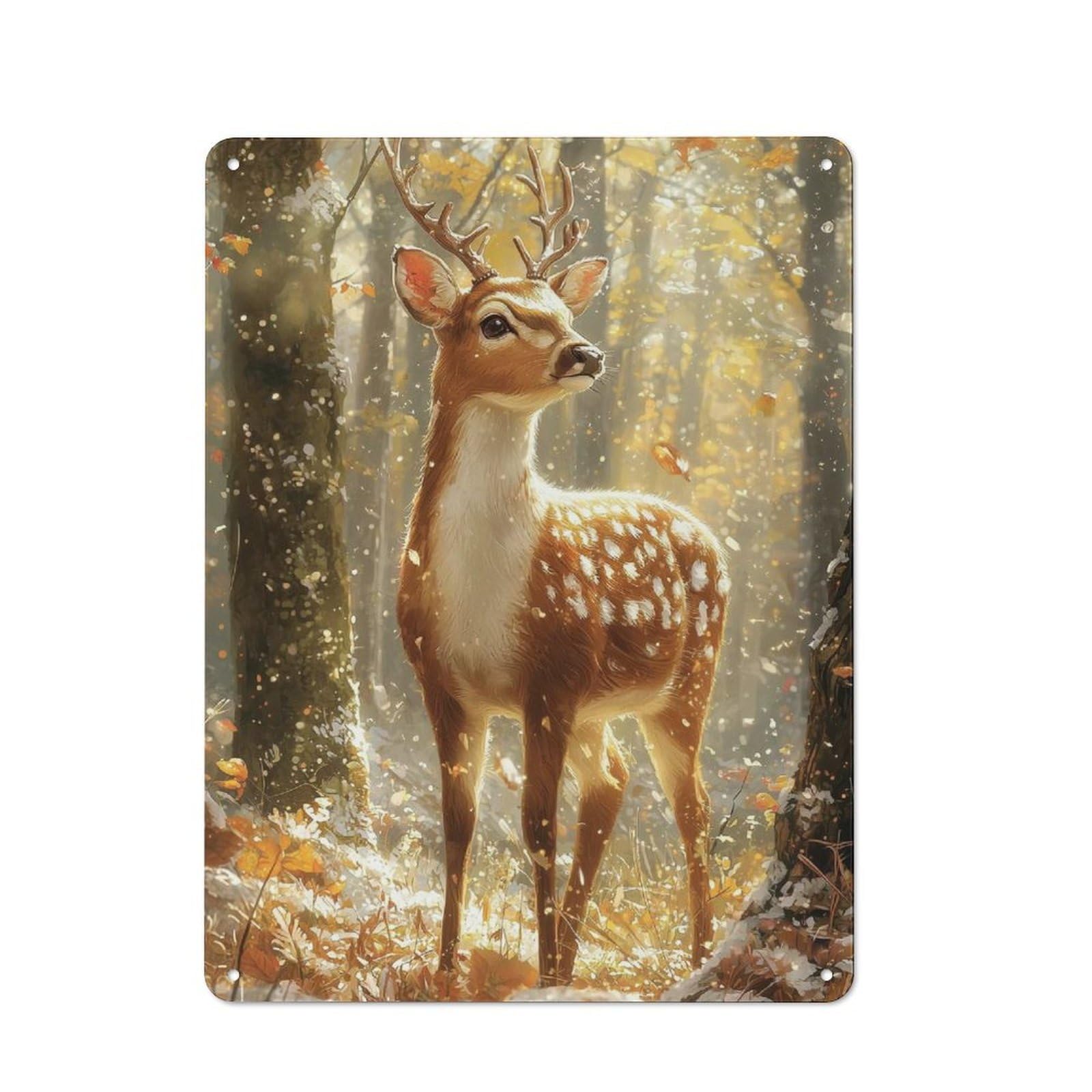 Junmoney Fawn In Winter Forest Metal Wall Sign 40X30cm Featuring For Home Bar Wall, For Themed Interiors In Home Bars And Entertaining Spaces
