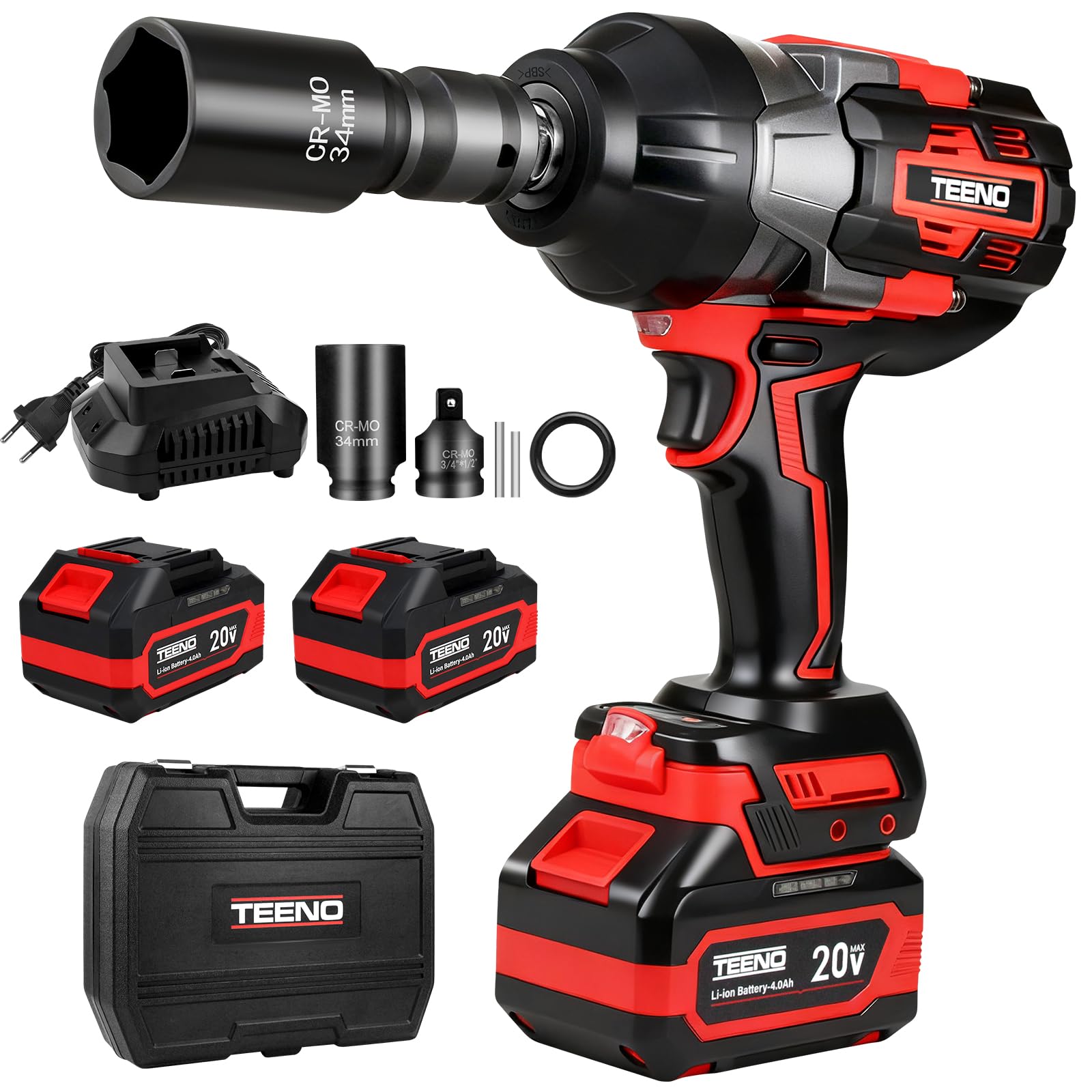 TEENO Avvitatore a Impulsi 1600 Nm, 1/2" Brushless Avvitatore ad Impulsi con 2 Batterie da 4000mAh, 2400 RPM e testine adattatrici e caricatore rapido, Avvitatori a Massa Battente per Auto Casa