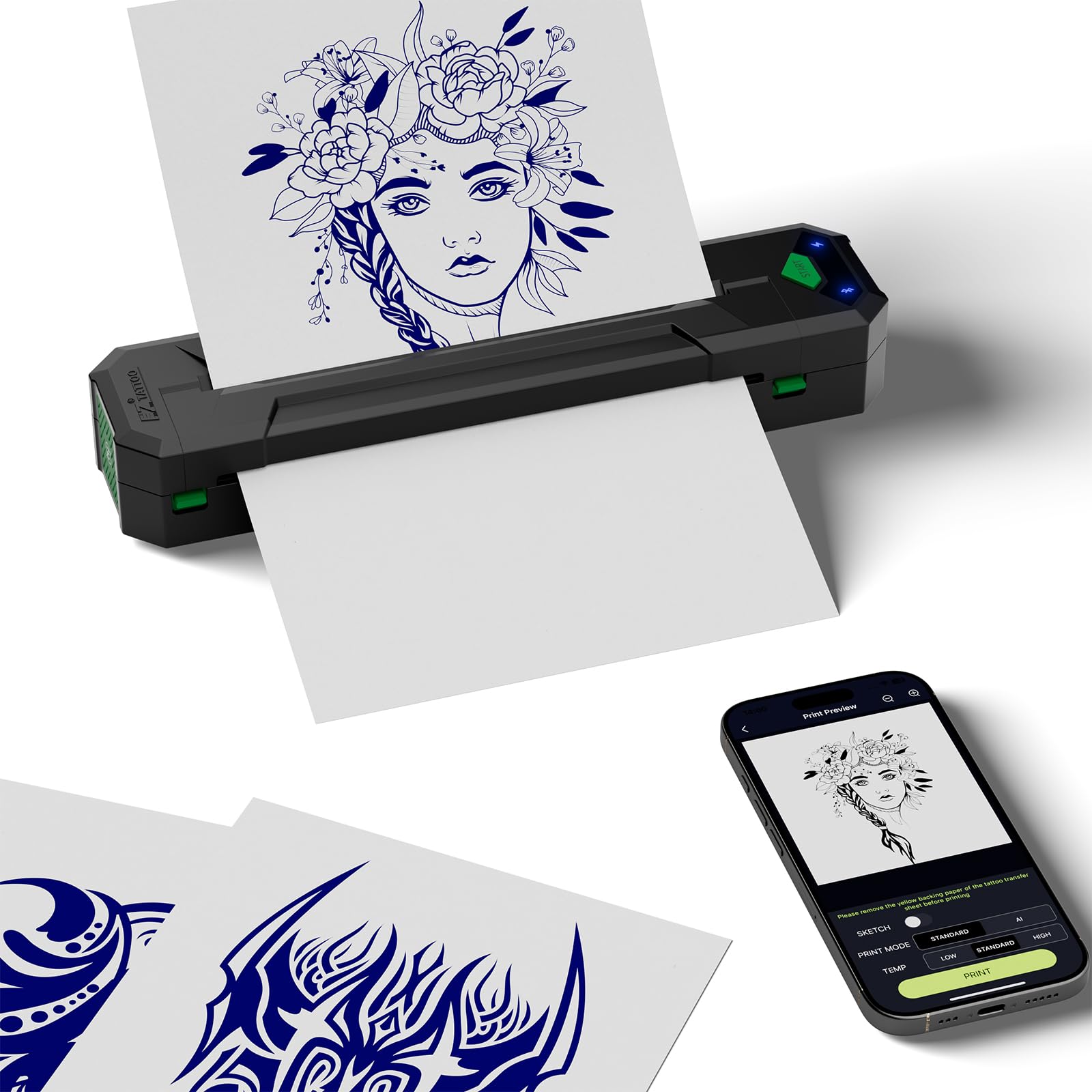EZ Stencil Drucker - Thermische Tattoo Drucker Bluetooth mit 2500mAh Großem Netzteil, Tragbar Mini Drucker für Reisen Kompatibel mit Telefon/Tablet/PC Tattoo-Zubehör