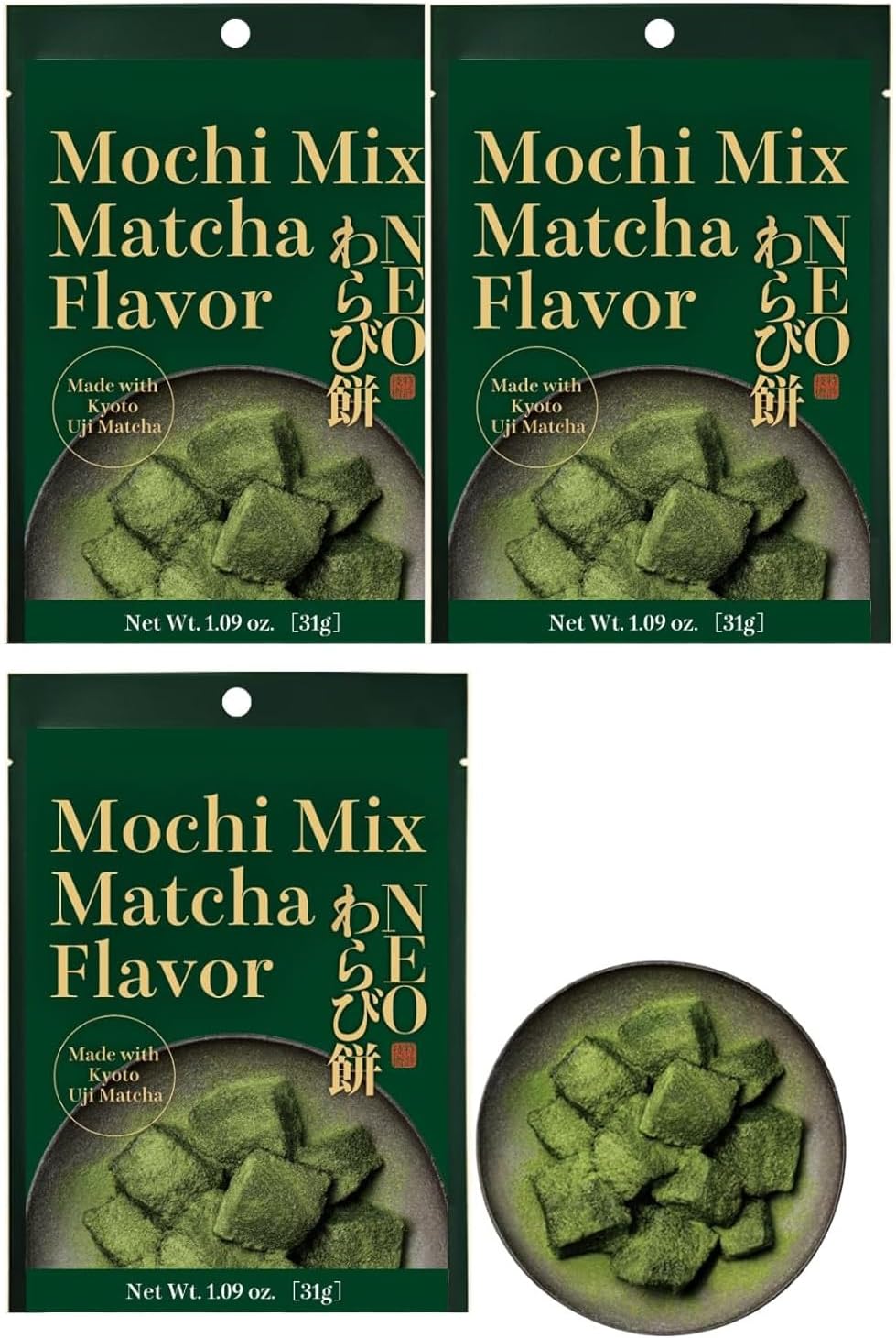 MINOYA WARABIMOCHI Japanese Sweets Wagashi Mochi Made In Japan (3 Packs, Matcha)