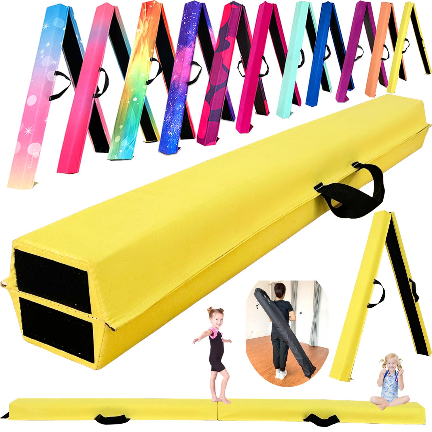 MARFULA 6 FT / 8 FT / 9 FT Folding Gymnastics Beam Foam Balance Floor Beam - Extra Firm - Suede Cover - Anti Slip Bottom with Carry Bag for Kids/Adults Home Use