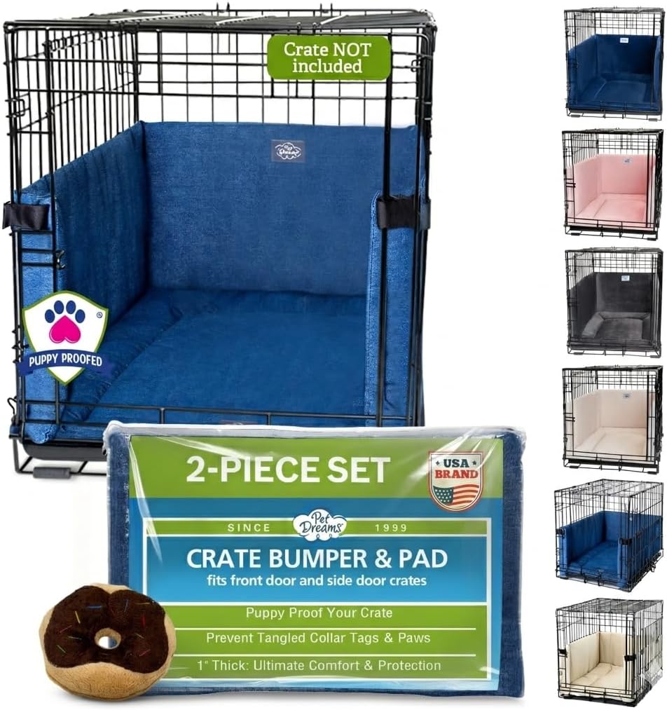 Pet Dreams New Bundle - Dog Crate Bumper & Mat with Bonus Donut Toy - Patented Comfy Liner & Dog Tail Protector for Inside Crate, fits iCrate Cages 18, 24, 30, 36, 42, 48 Inches (Denim, X-Large, 42“)
