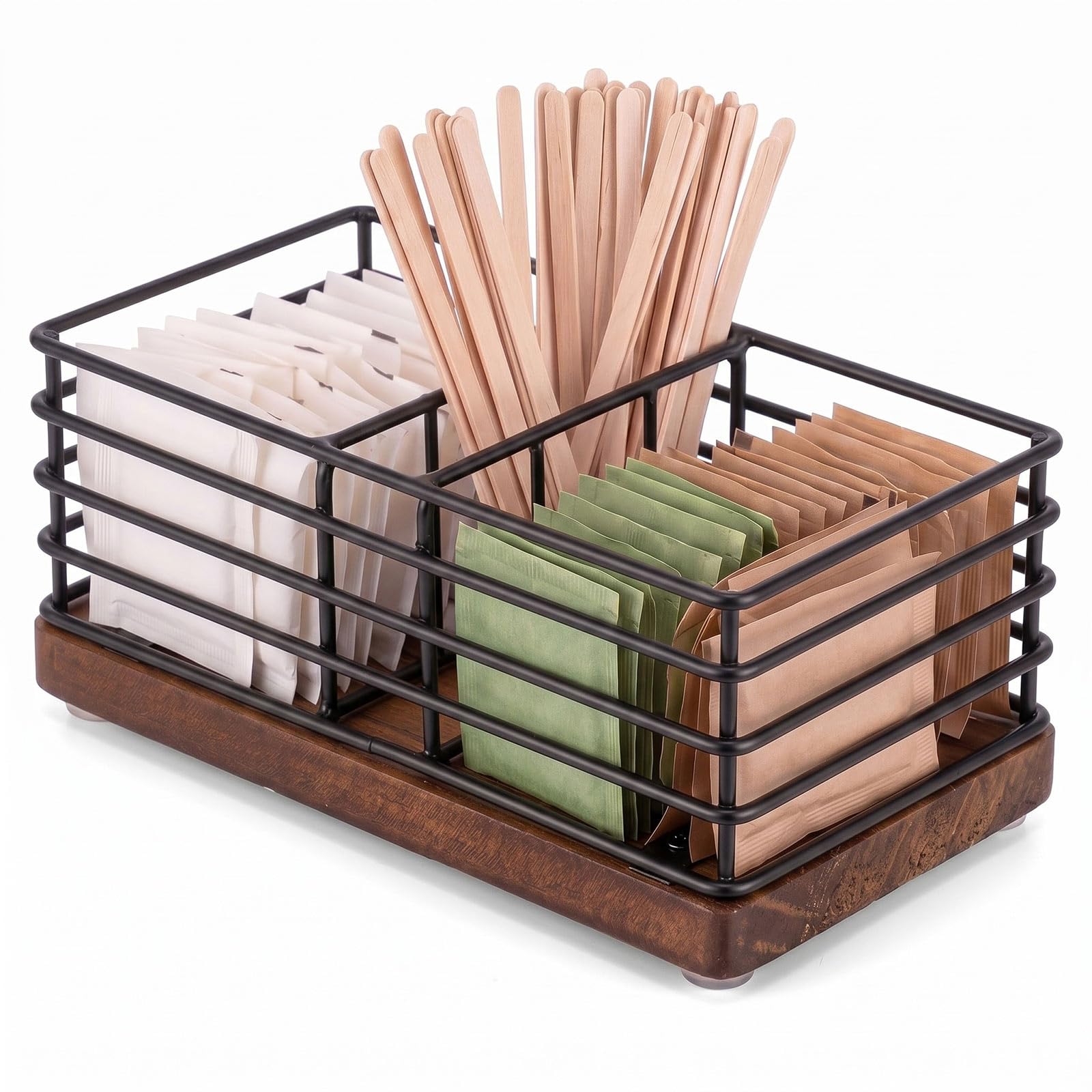 Geelin Sugar Packet Holder for Coffee Bar, 3 Slot, Wood Wire, Rustic Black