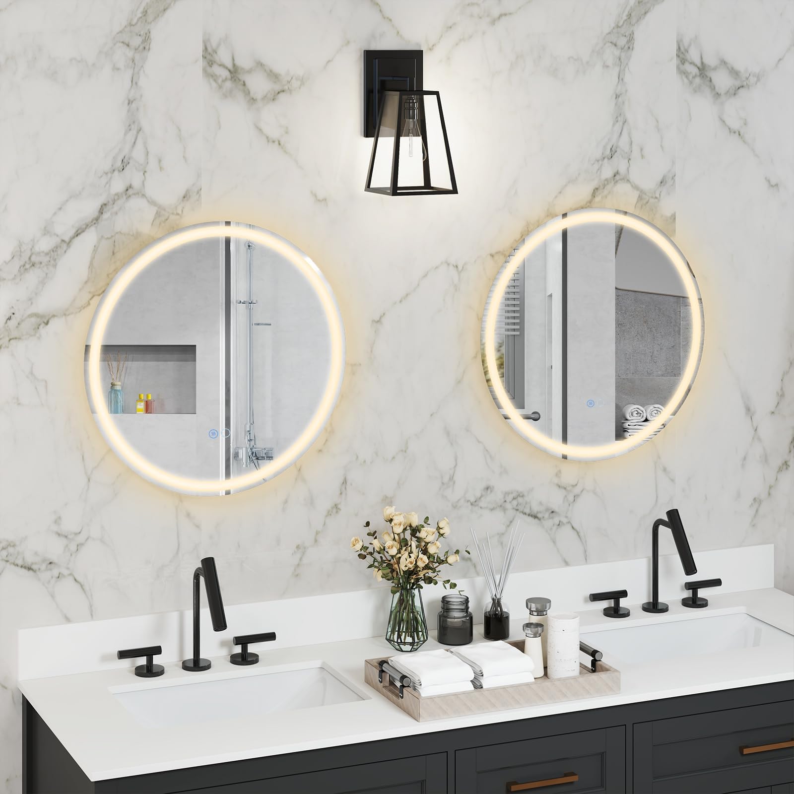 FANTASK Espejo de baño LED con iluminación, 60 cm, Redondo, antivaho, Espejo de Pared Regulable con Interruptor táctil y función de Memoria, Espejo Colgante LED para baño, 60 x 60 cm, Plateado