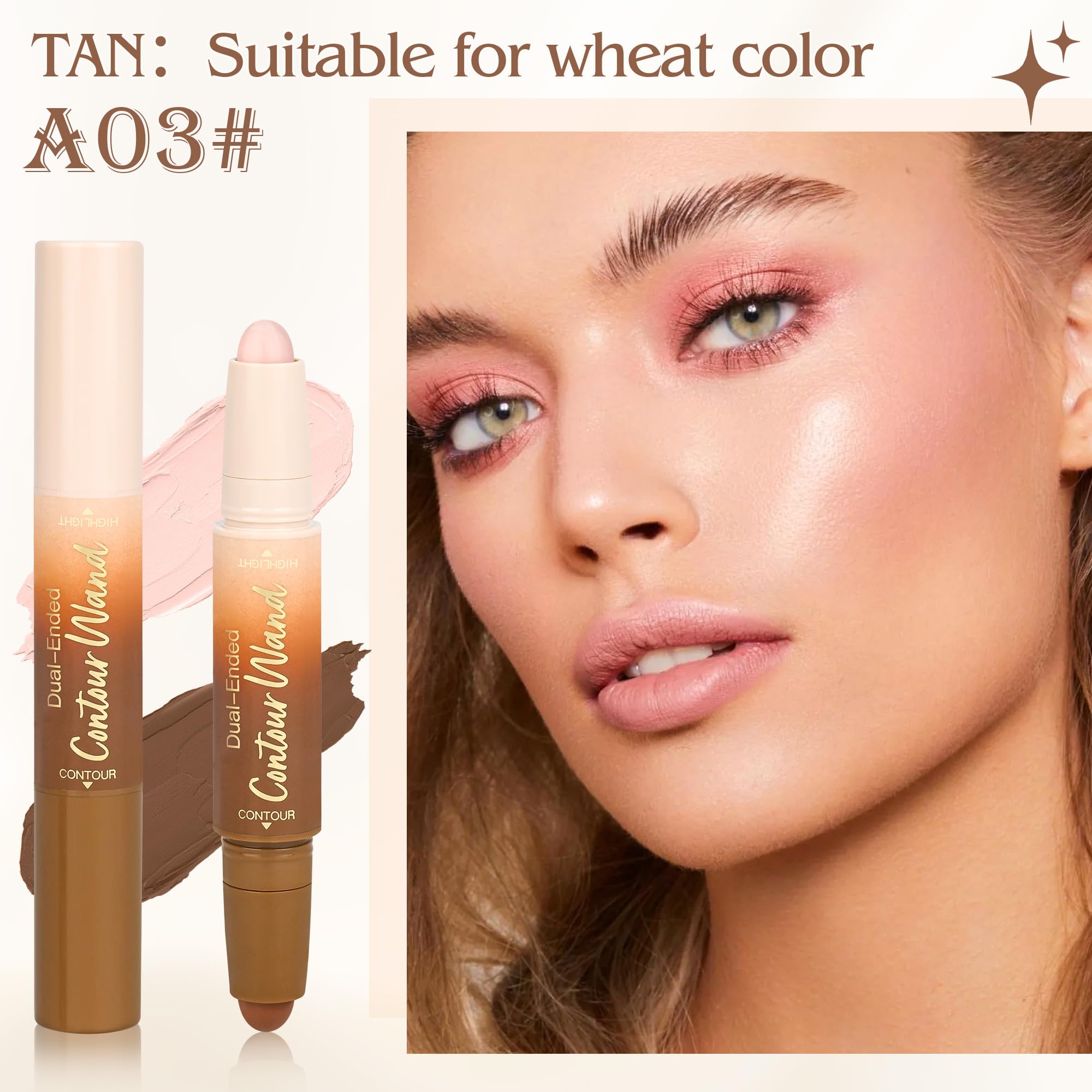 Contour Highlighter Stick, 2-in-1 Dual-Ended Cream Bronzer & Highlighter Sticks Pen for Face Body Contouring Makeup, Buildable,Waterproof, Easy to Apply Suitable for Beginners,03Darker Nude+Light Pink