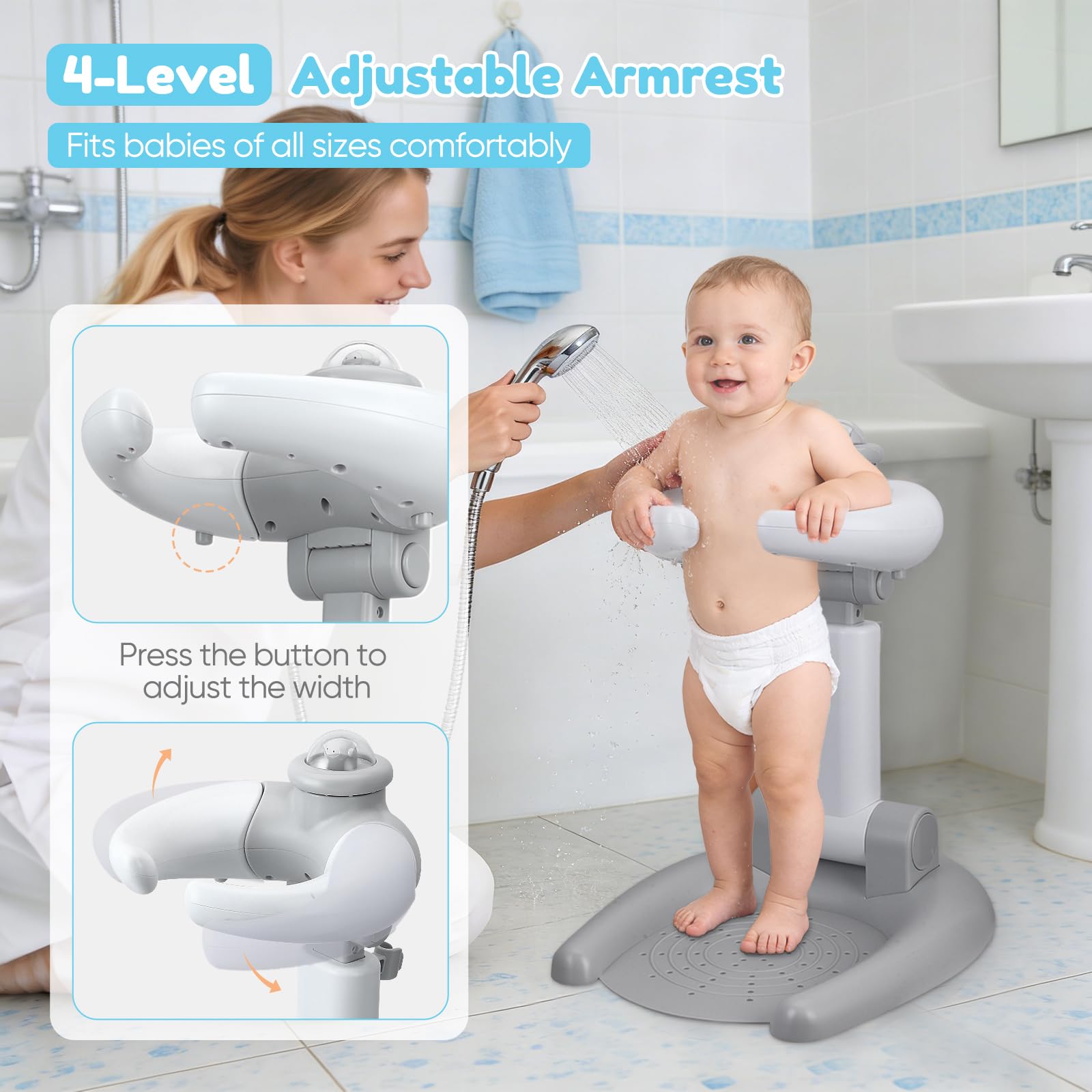 Support de douche réglable pour enfants, support de douche pour bébé, pliable 2 en 1 avec tabouret