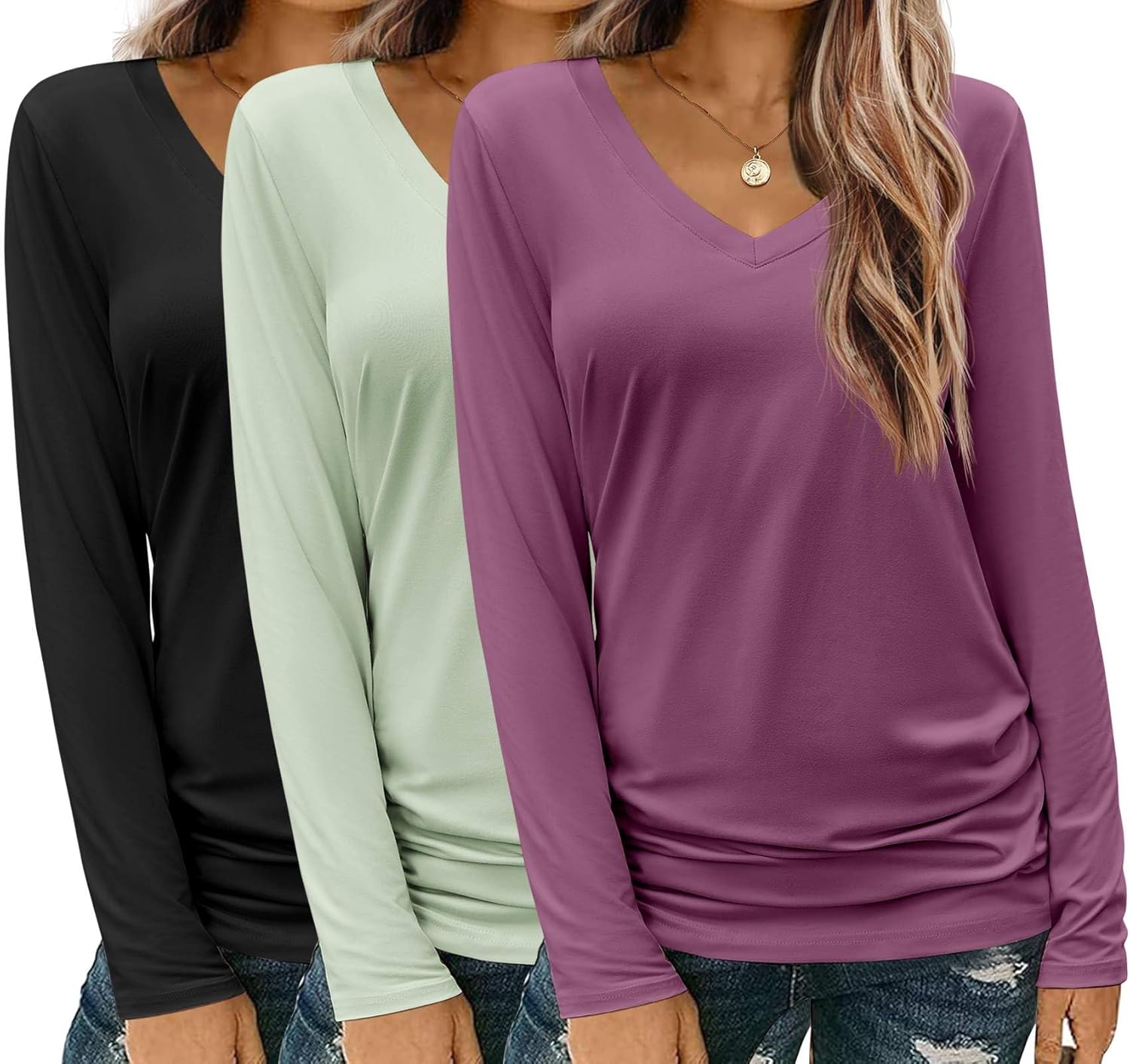 Zeagoo 3 Pack Womens T Shirts V Neck Long Sleeve Shirt Casual Tops Soft Solid Basic Tee Fall Outfits S-XXL