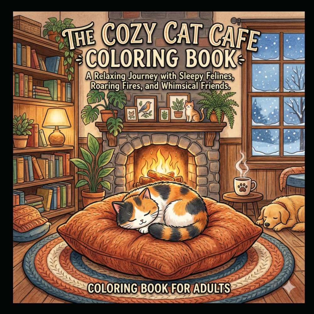 The Cozy Cat Cafe Coloring Book: A Relaxing Journey with Sleepy Felines, Roaring Fires, and Whimsical Friends
