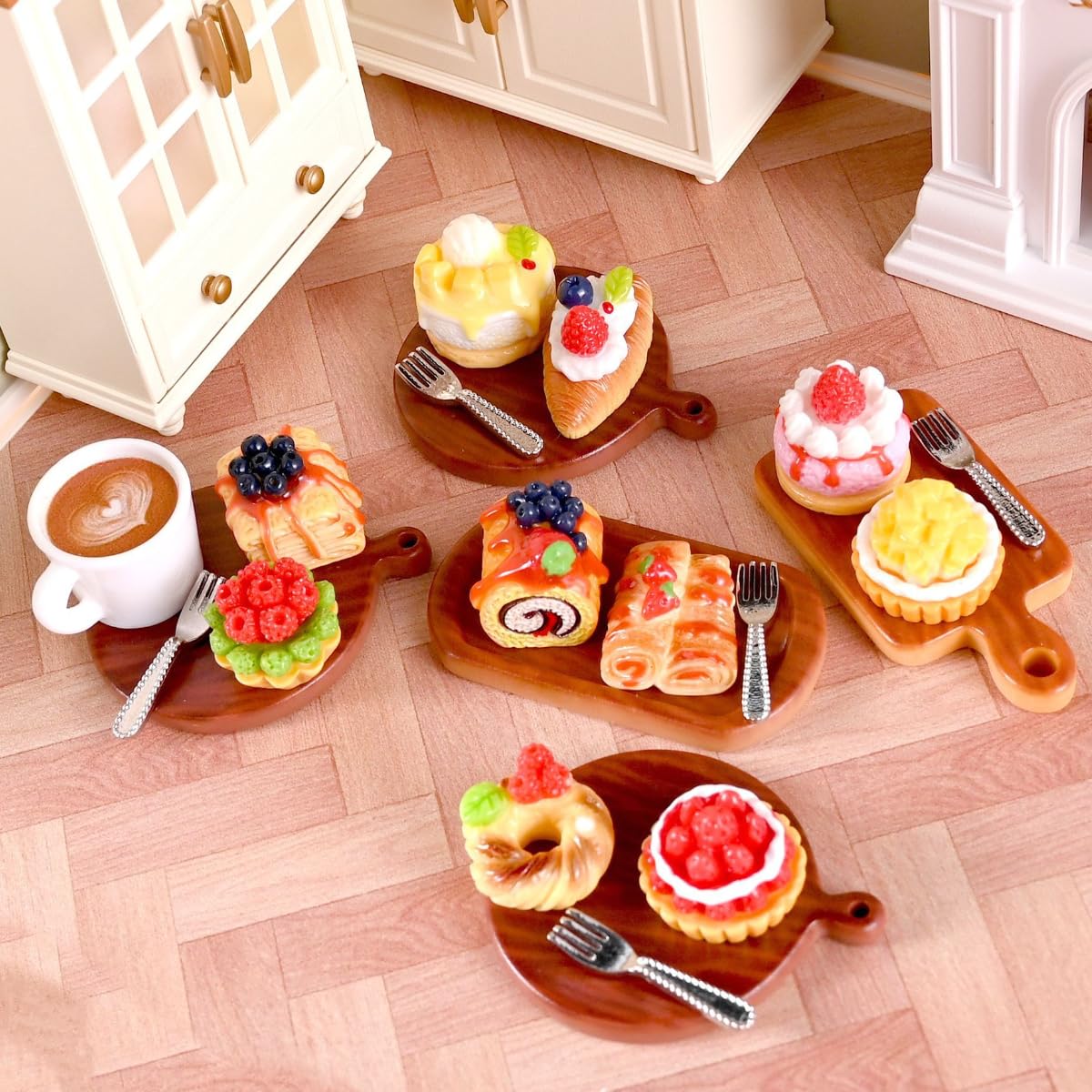 KARLOR 21 Pieces Mini Cake Coffee Set Croissant Apple Pie with Plate Spoon, Miniature Dessert Raspberry Cakes Blueberry Cake Mini Food Drinks Dessert Mini Scene Table Decoration (21 Pieces)