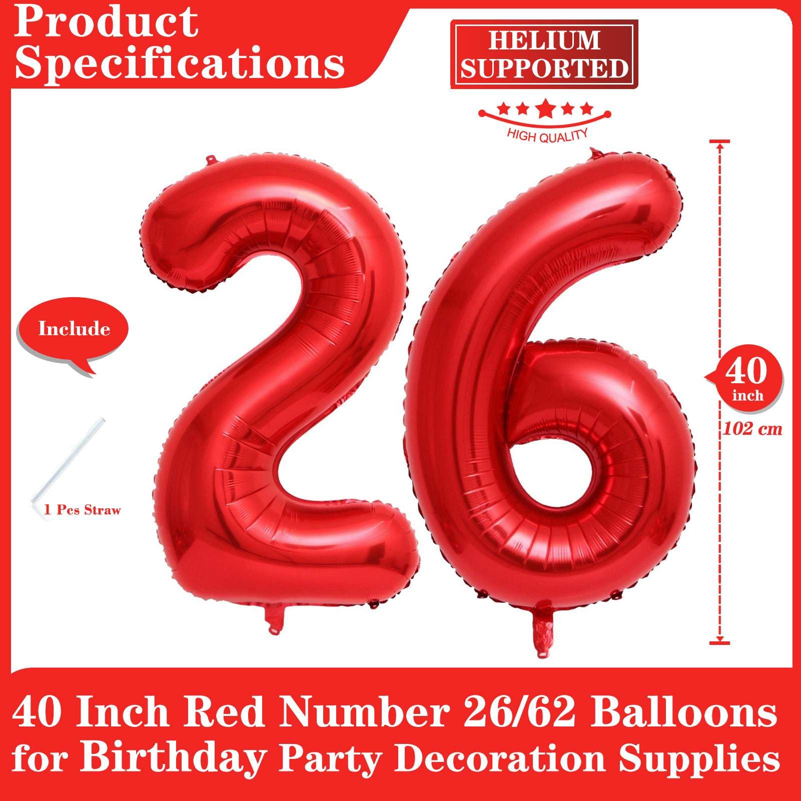 Amazon.com: Red 26 Number Balloons, 40 Inch Giant Number 26