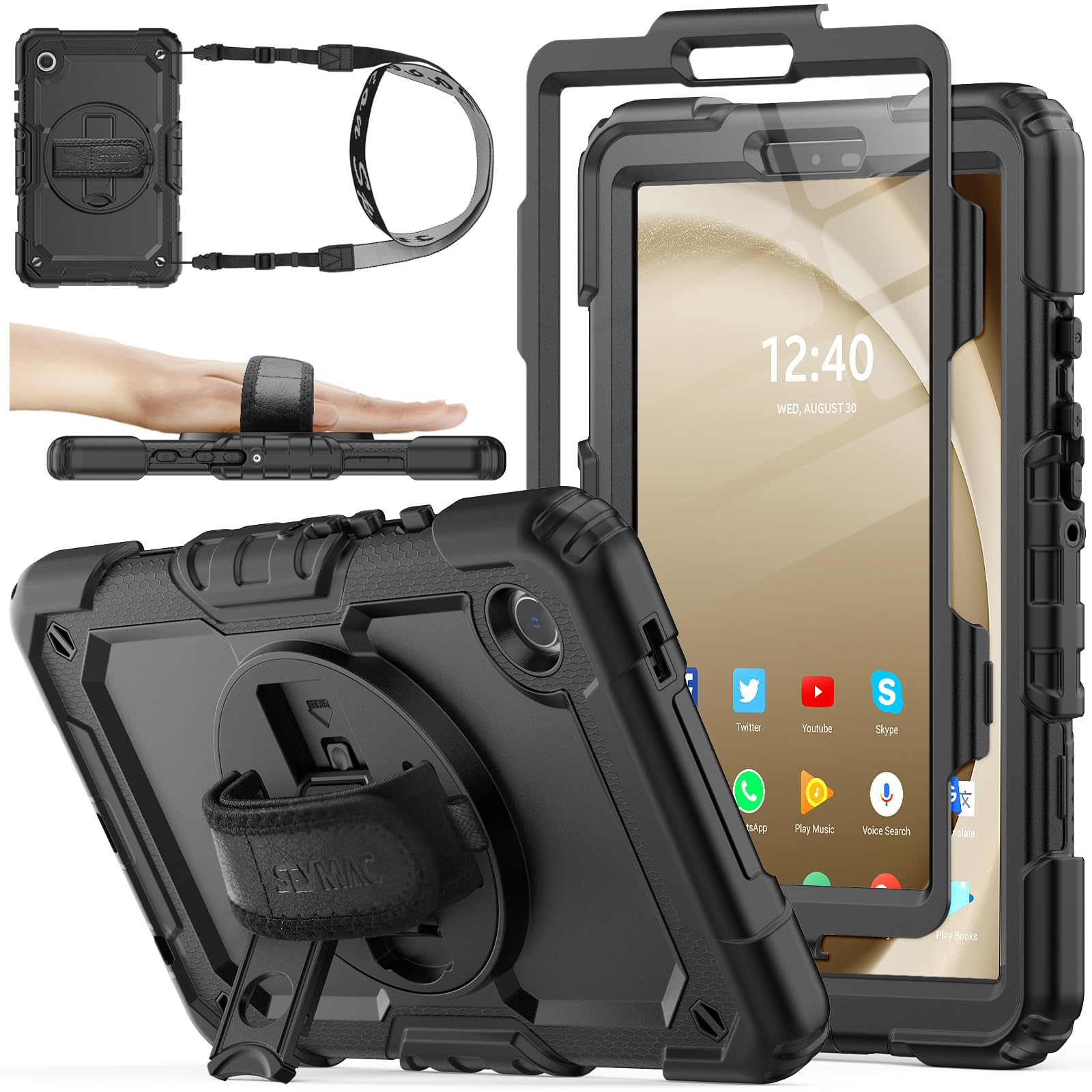SEYMAC stock Case for Samsung Galaxy Tab A9 8.7'', Full-Body Drop Protection Case with Screen Protector Pencil Holder [360° Rotating Hand Strap] &