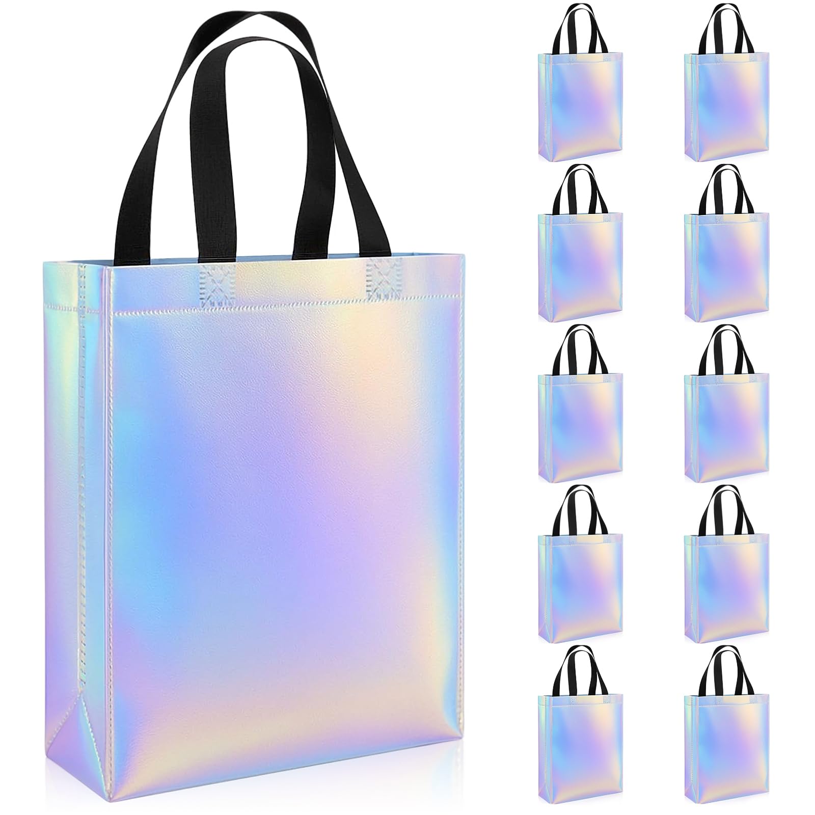 10PCS Glossy Rainbow Gift Bags,Holographic Luxury Glossy Party Bags with Sturdy Handles & Flat Base,25x20x10cm,Reusable Goodie Tote Bag for Birthday Wedding Christmas Bachelorette Party Shopping