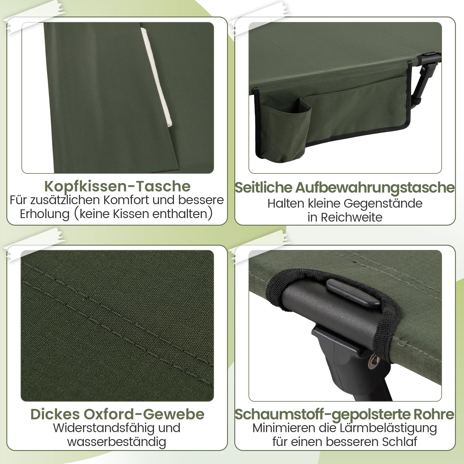 FANTASK Lettino da campeggio pieghevole, leggero, ultraleggero da campeggio con tasca laterale, portatile, 193 x 70 cm, portata 150 kg, per campeggio, viaggi, spiaggia, verde