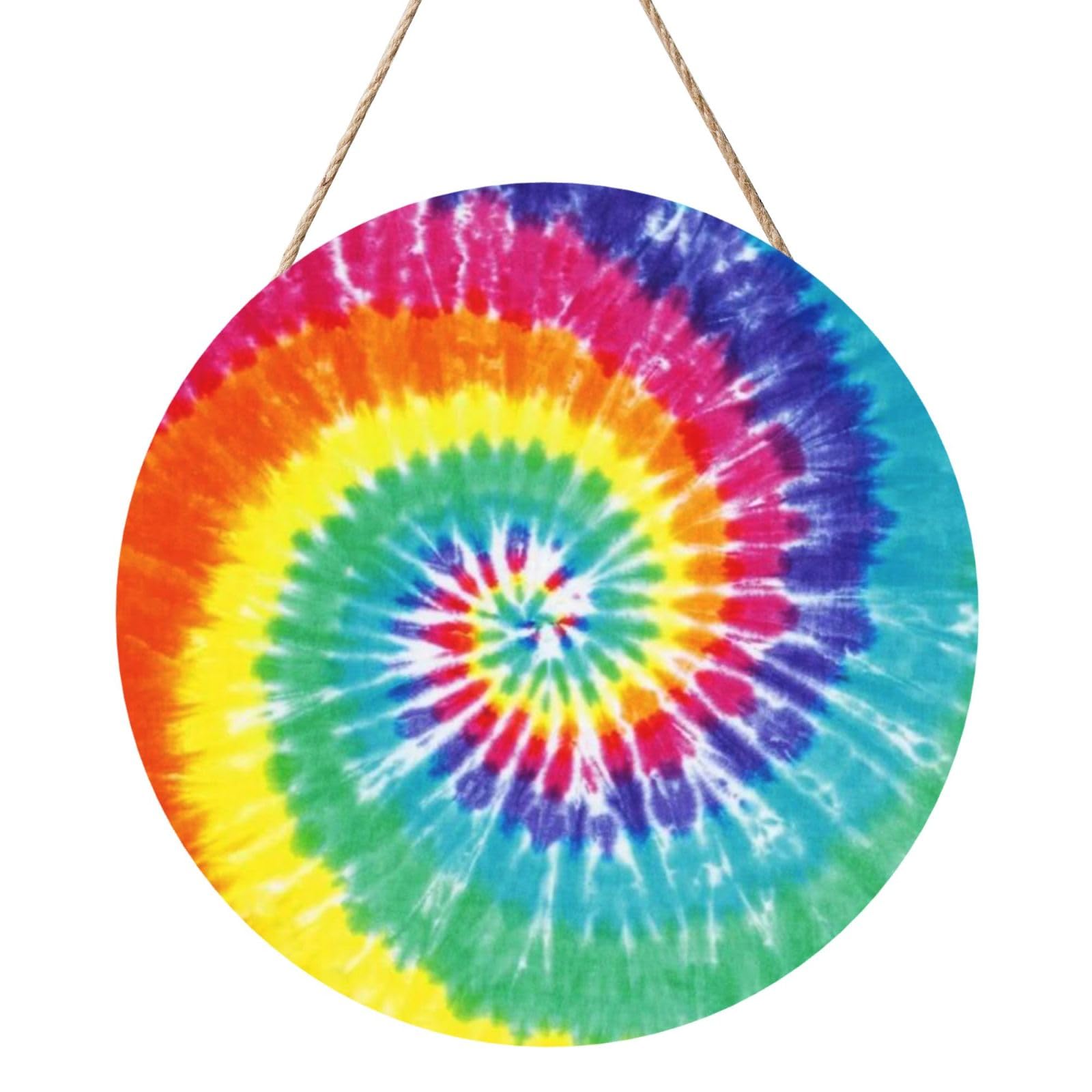 InOmak Rainbow Color Tie Dye, Round Wood Panel Painting 12 in, Wall Hanging Painting For Home