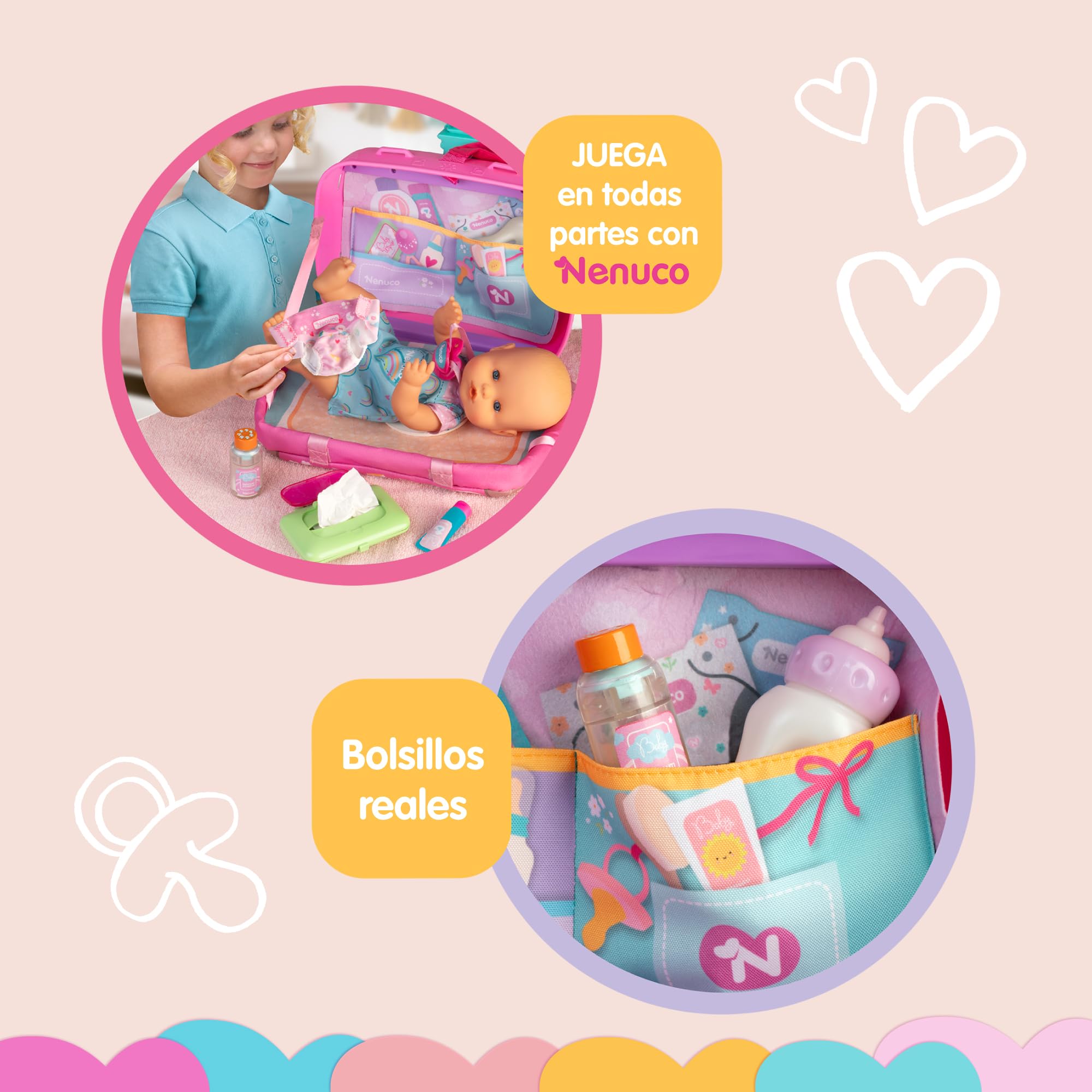 Nenuco - Viaja Conmigo, Muñeco de 30 cm con Cuerpo Duro con Maleta Cambiador, Incluye Cinturón para Transporte Seguro y 6 Accesorios de Cuidado, +2 años, Famosa (NFNC9000)
