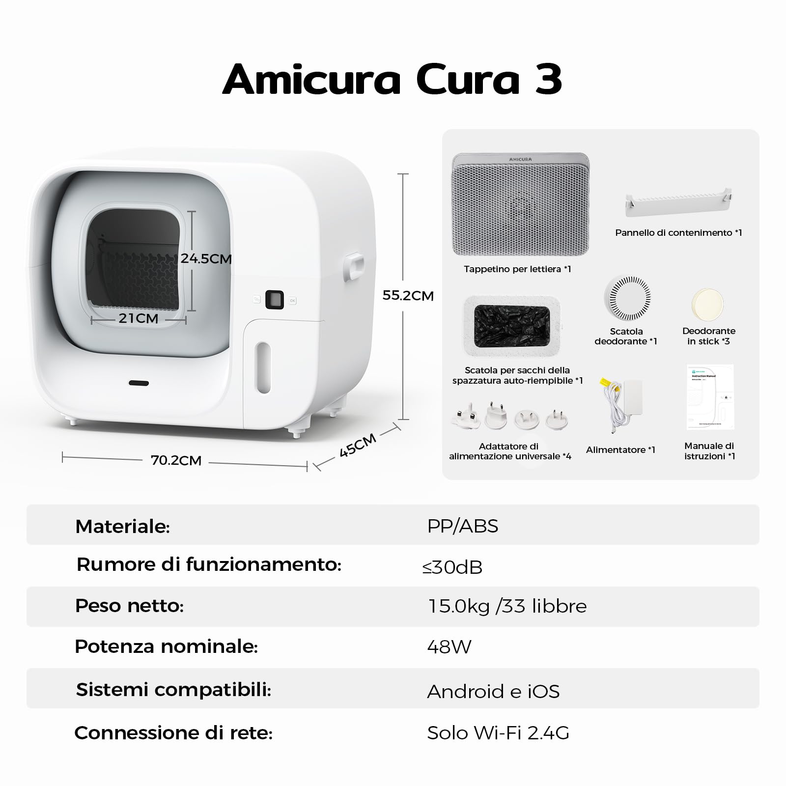 Amicura Cura3 Lettiera Gatto Autopulente Automatica - Auto-Imballaggio Senza Contatto, 7 Sensori Sicurezza TÜV, Anti-Fuite 360° & Antiodore, Controllo APP per Più Gatti Lettiera Autopulente per Gatti