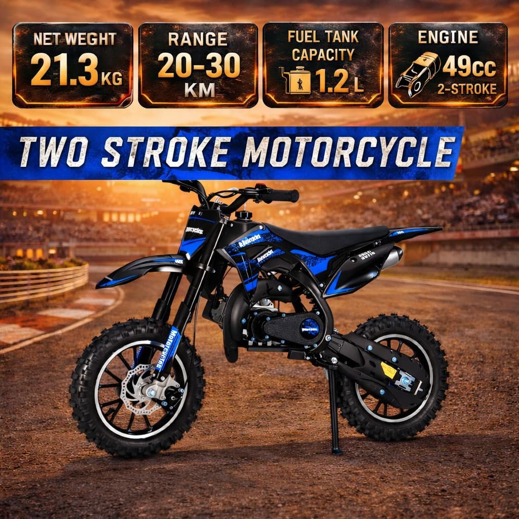 50cc 2-Stroke Kids Dirt Bike,Gas Powered Motorcycle for Kids with Off-Rode Tire, Front Rear Disc Brakes Motocross,Up to 25 Mph,Shock Absorption Pocket Motorbike (Blue)