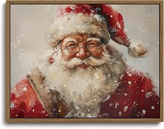 KISSFOX Vintage Christmas Framed Wall Art Santa Portrait Canvas Art Rustic Cottage Paintings Art Prints Modern Farmhouse Pictures Wall Decor For Kitchen Bedroom Living Room