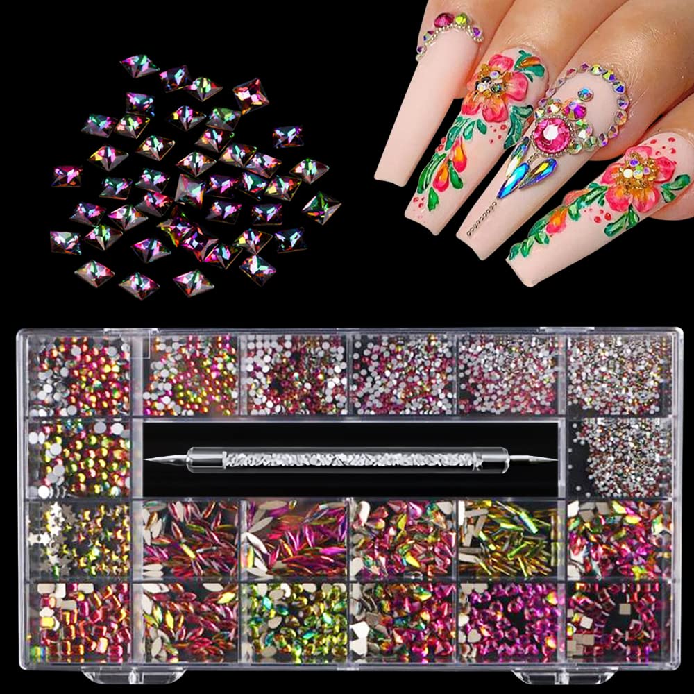 3100Pcs Nail Crystal Rhinestones Kit, Mix Shapes AB Glass, 3D Diamonds Flatback Crystals, with a Drill Pen, Nail Crystal Non Hotfix, Nail Art Decoration for Nail (Flame Color Rhinestone)