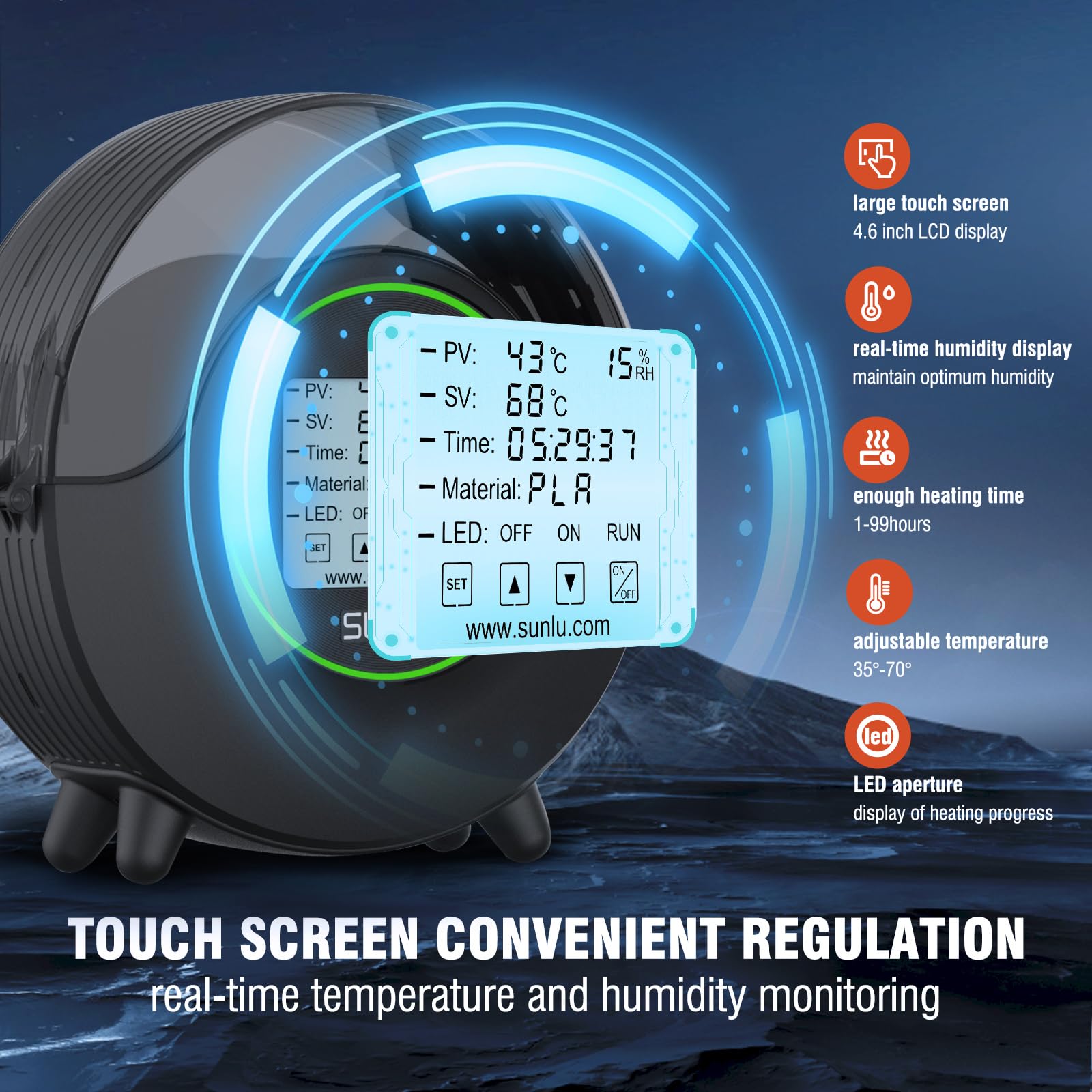 [2023 Nuovo aggiornamento] SUNLU S2 Essiccatore di Filamento per Stampanti 3D FDM, per un'asciugatura Rapida e Uniforme, Ventilatore incorporato, con Riscaldamento a 360° e Touchscreen