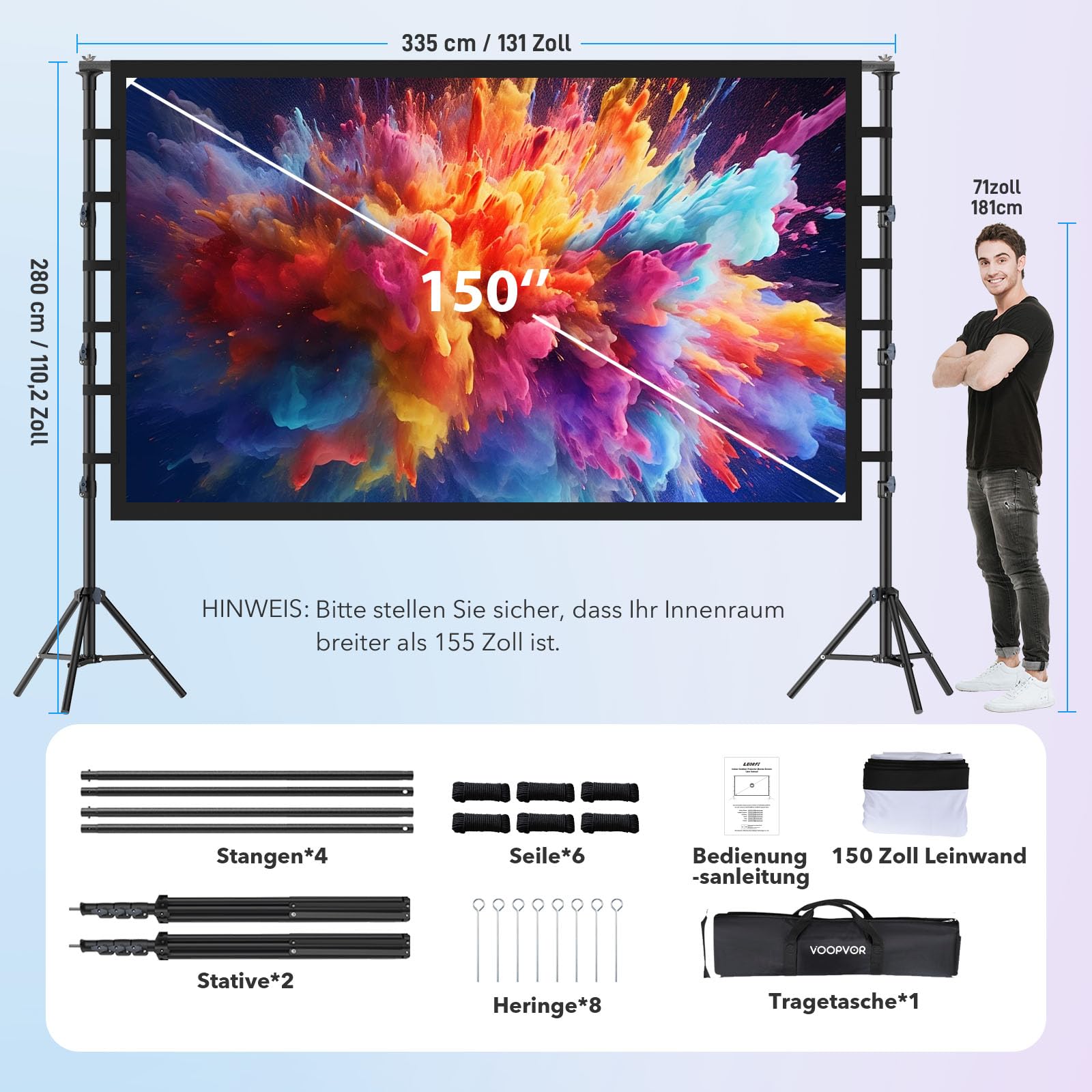 Outdoor Beamer Leinwand mit Stativ 150 Zoll: Tragbare Projektionsleinwand 16:9 4K HD, Kinoleinwand für Innen/Außen, mit Tragetasche & höhenverstellbarem Stand für Heimkino & Camping