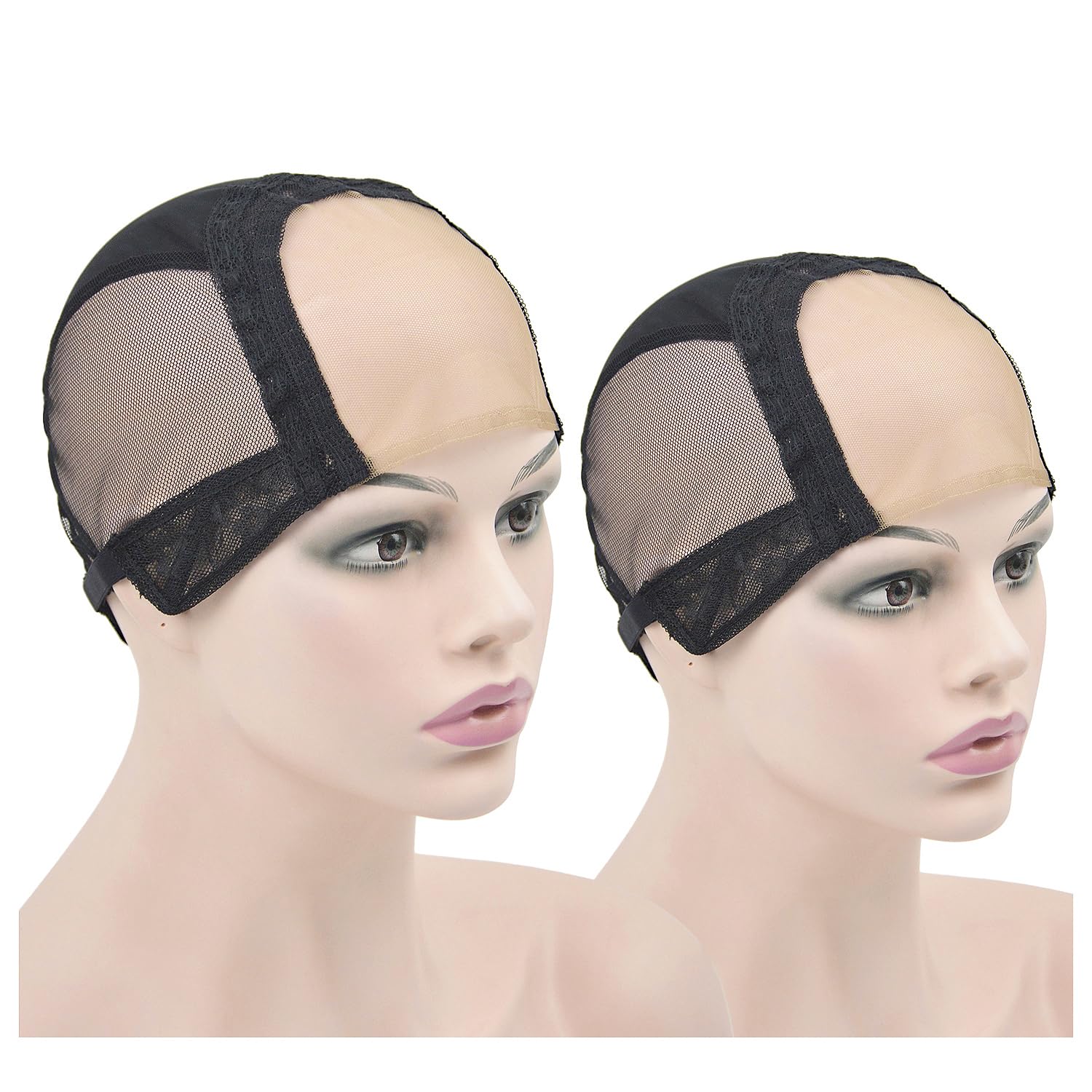 2 Pcs 4X4 Inch U Part Swiss Lace Wig Cap with Adjustable Straps Lace Front Wig Cap for Wig Making Accessories (Black M)