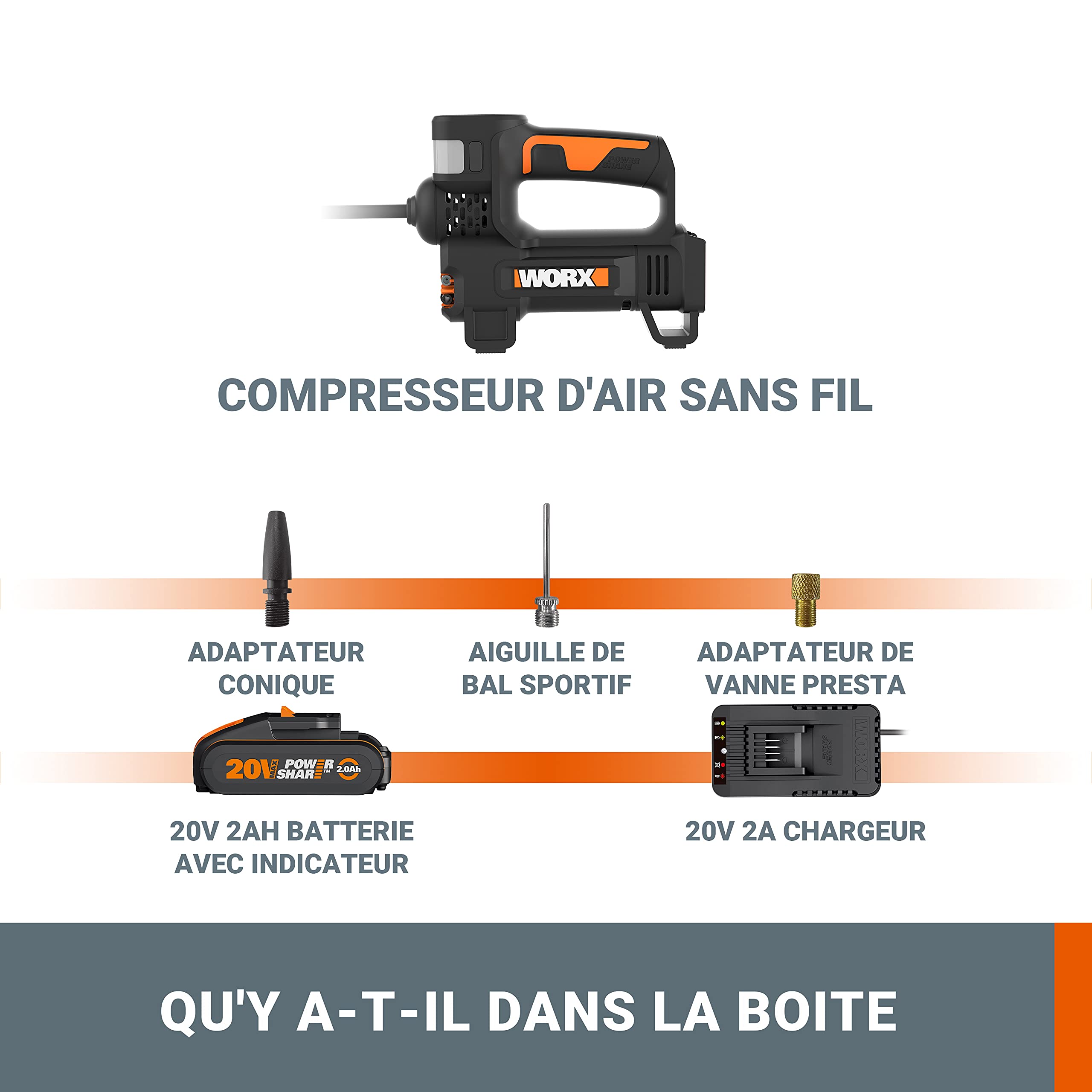 WORX 20V Compresseur à Air Portatif sans fil WX092, PowerShare, Gonfleur Pneus Voiture avec Projecteur LED Puissante & SOS, Max.150 PSI, Pompe a Vélo/Voiture