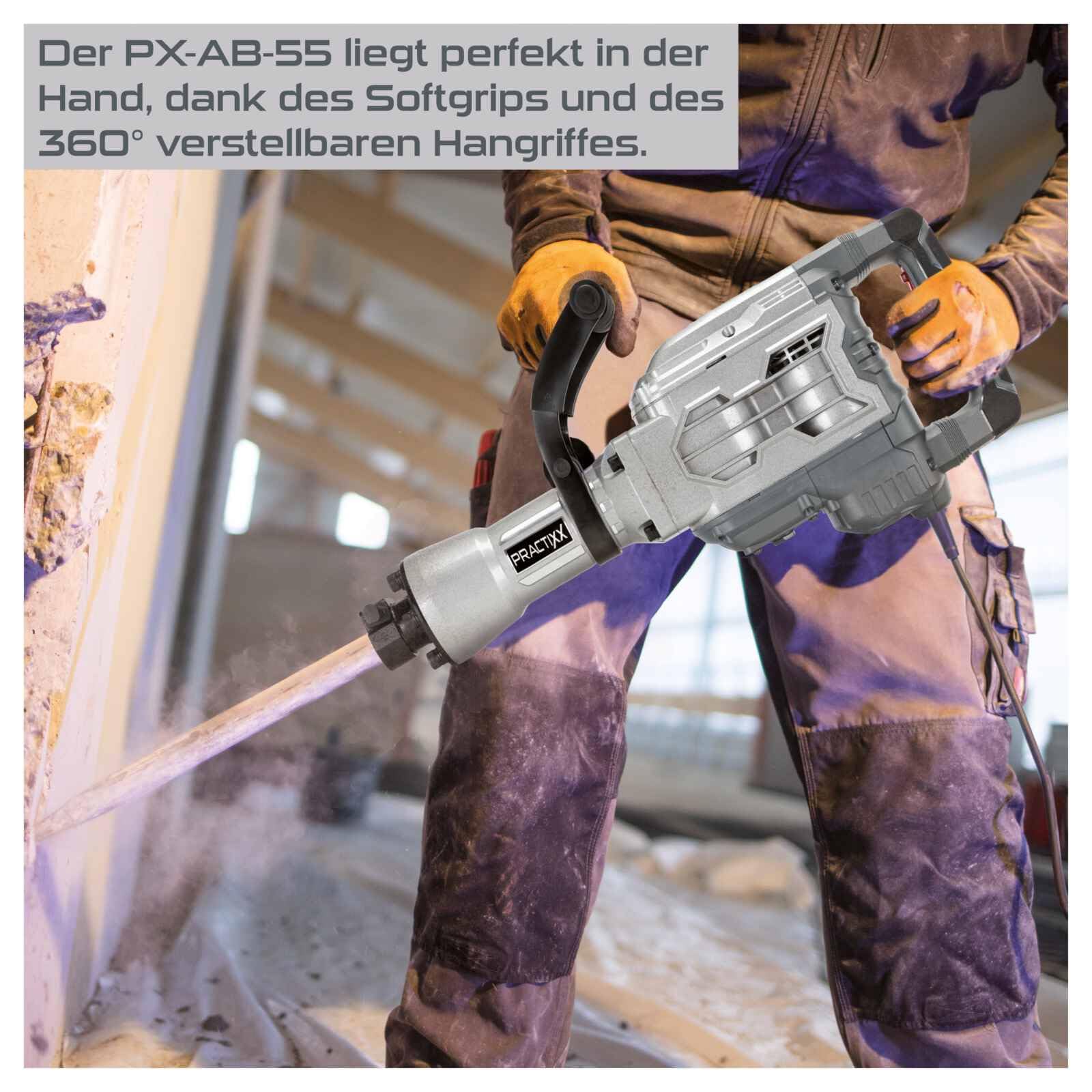 Practixx Abbruchhammer PX-AB-55 | 55J Schlagkraft | 1700W | 1900BPM | Bohrhammer Betonhammer Stemmhammer mit Softgrip | SDS HEX Aufnahme | inkl. Spitz- und Flachmeißel (410mm) & Transportbox mit Räder