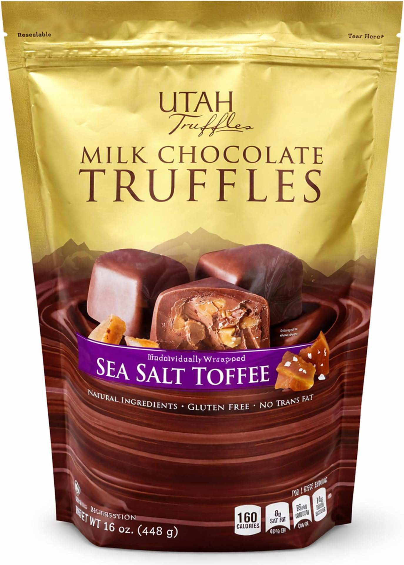 Utah Truffles Belgian Milk Chocolate Toffee Individually Wrapped Pouch, Naturally Gluten Free, Gourmet Smooth Creamy Natural Truffle, 16 oz, Approx. 32 pc - - 2pack x 16 oz each