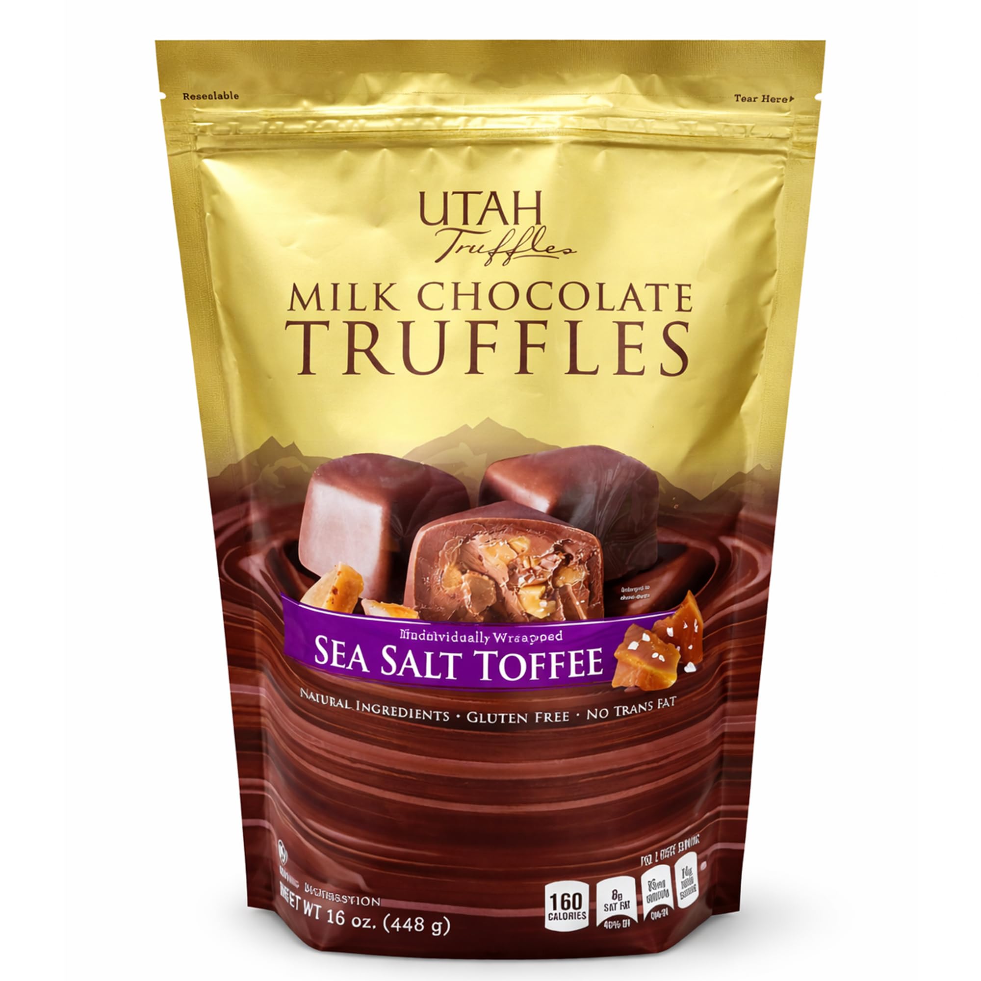 Utah Truffles Belgian Milk Chocolate Toffee Individually Wrapped Pouch, Naturally Gluten Free, Gourmet Smooth Creamy Natural Truffle, 16 oz, Approx. 32 pc
