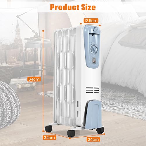 Miniatura 8 de Happygrill Radiador de calentador de aceite de 1500 W, calentador de espacio de aceite portátil con termostato ajustable, 3 ajustes de calor,