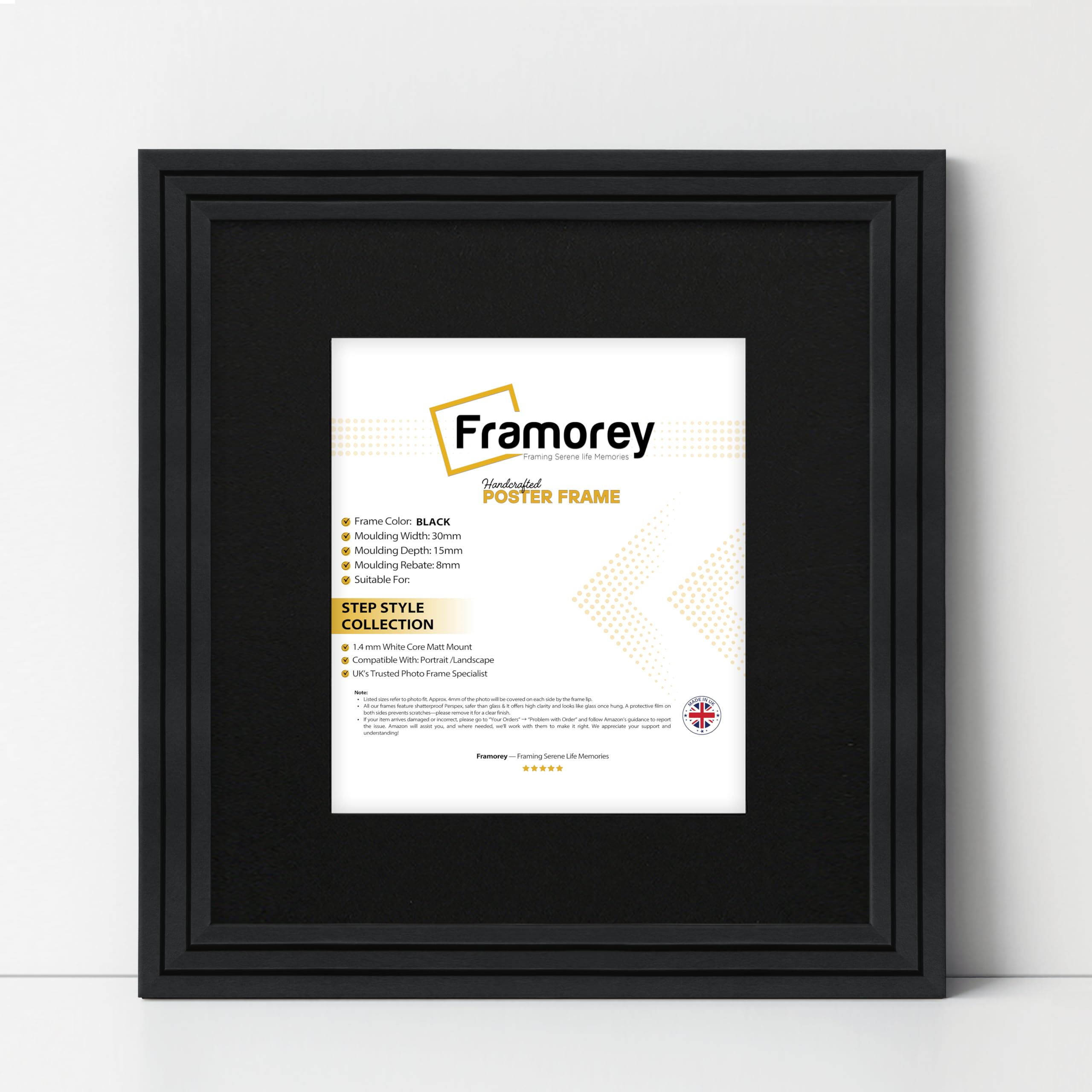 Framorey Framing Serene Life Memories Black With Black Framorey Oxford Step Style Wooden Effect Picture Frame, 13X13" Square Size Black Photo Frame With 11X11" Size Black Mount, Wall Hanging Frames, Personalized Frames