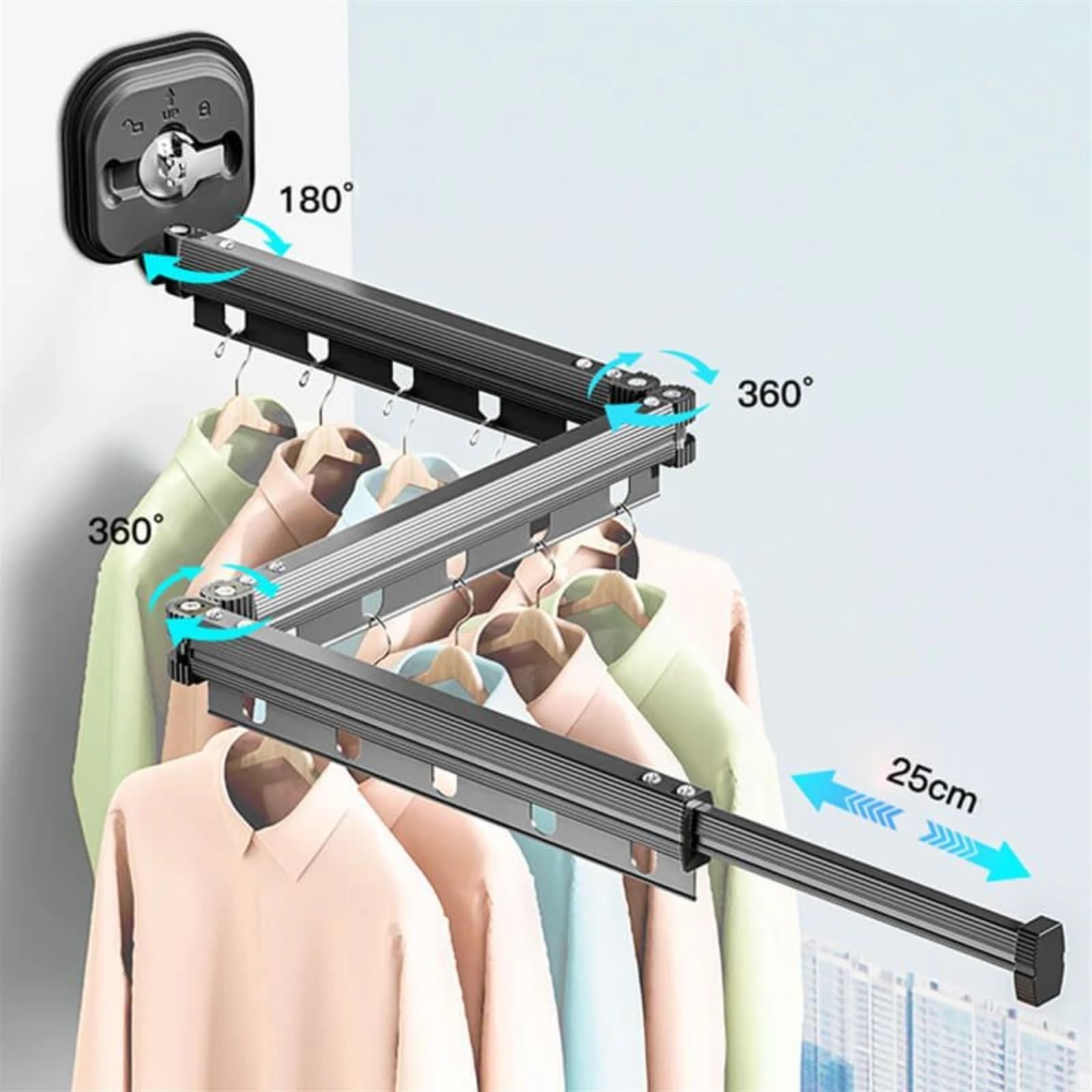 Zusammenklappbarer Kleiderständer for den Innenbereich, ausziehbarer Kleiderständer, platzsparend, for Zuhause, Wäscheleine, Wandmontage, Wäscheleine für Schlafzimmer, Balkon(3 black fold Sucker)