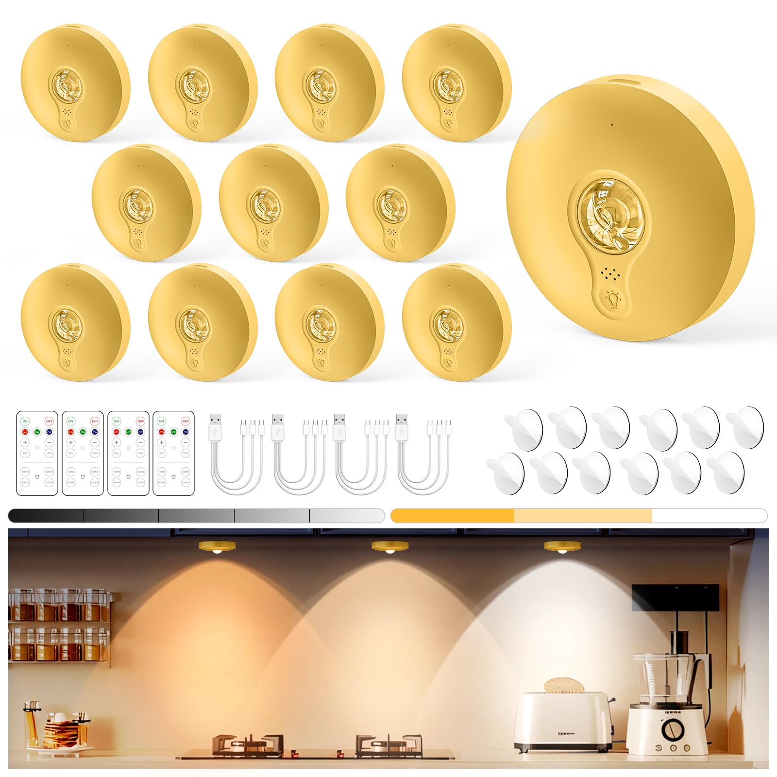 Luces de disco recargables con control remoto, paquete de 12 luces magnéticas debajo del gabinete, luces LED de grifo de 1500 mAh con regulador y regulador para cocina, armario, estante, 3