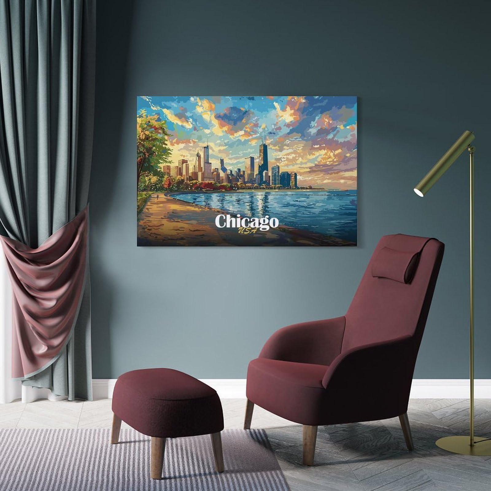 Junmoney Chicago Skyline Painting Canvas Wall Decor, 20x30inch(50x75cm), for Home Lounge, Bedroom Or Reading Nook, Modern Wall Decor for Cosy Interiors