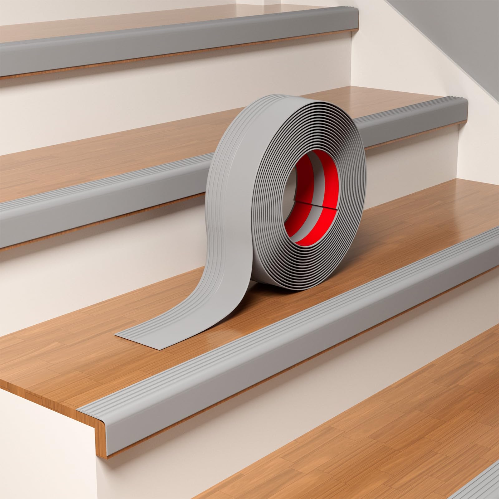 Stair Edge Trim, 20FT Vinyl Rubber Stair Nosing, Non-Slip Self Adhesive Stair Edge Protector Suitable for Indoor/Outdoor Stairs, Non-Slip and Waterproof