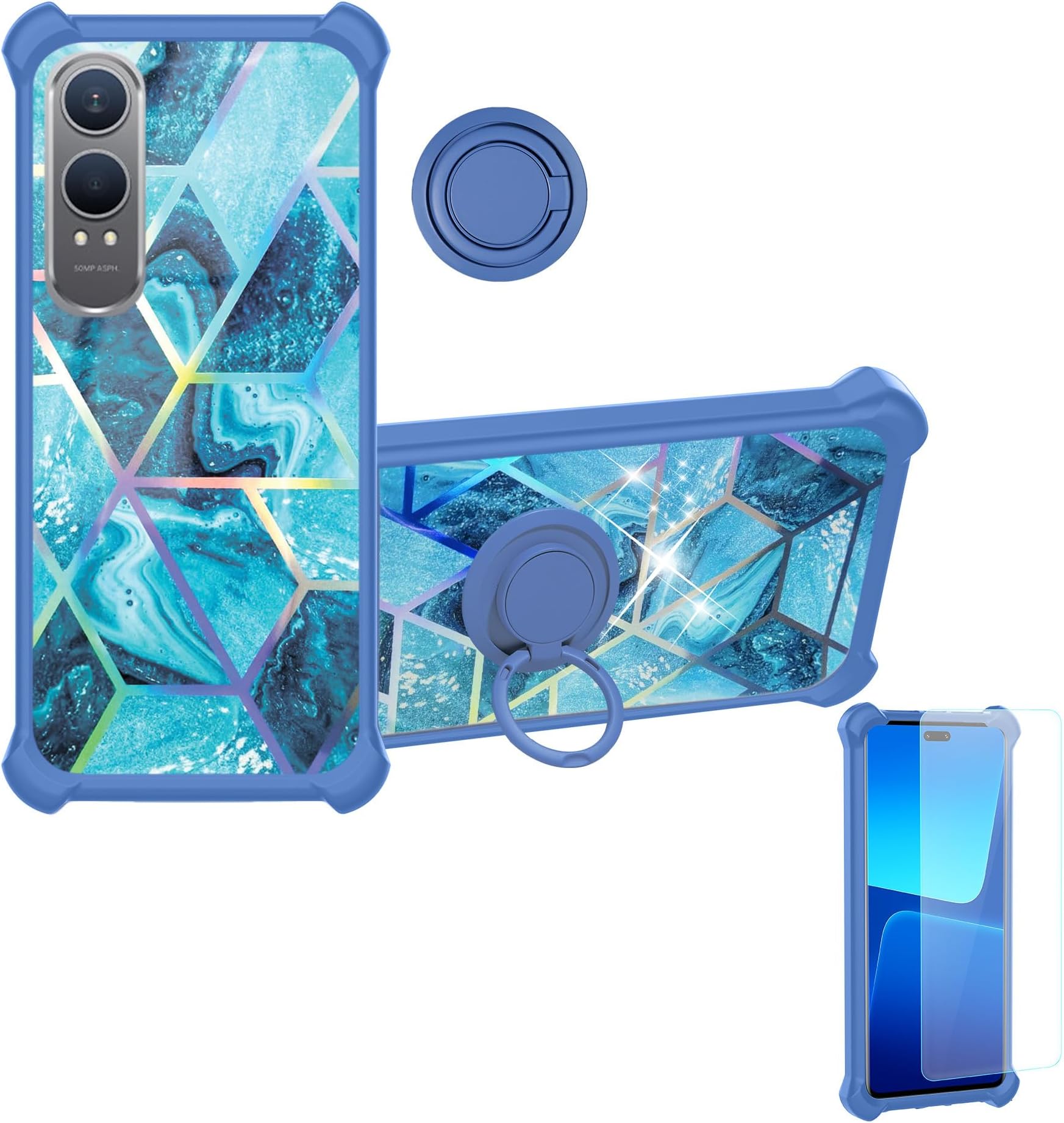 Case Compatible for OnePlus Nord CE4 Lite 5G Phone Case Cover [with Tempered Glass Screen Protector][Hard PC + Soft Silicone][Ring Support] [Colorful Reflect Light] IMDL-LS