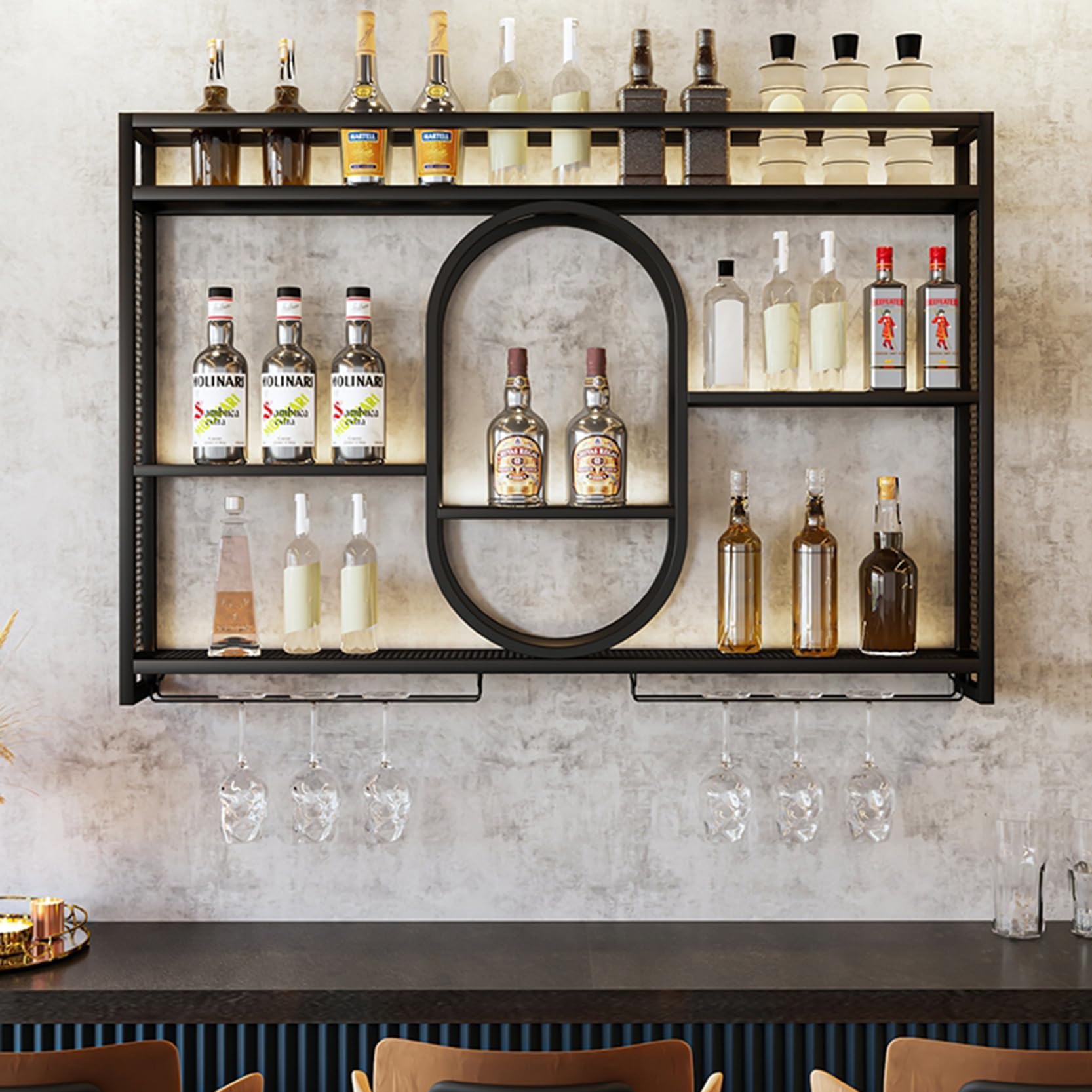 Support mural pour verres et bouteilles de vin : étagère flottante haut de gamme en métal