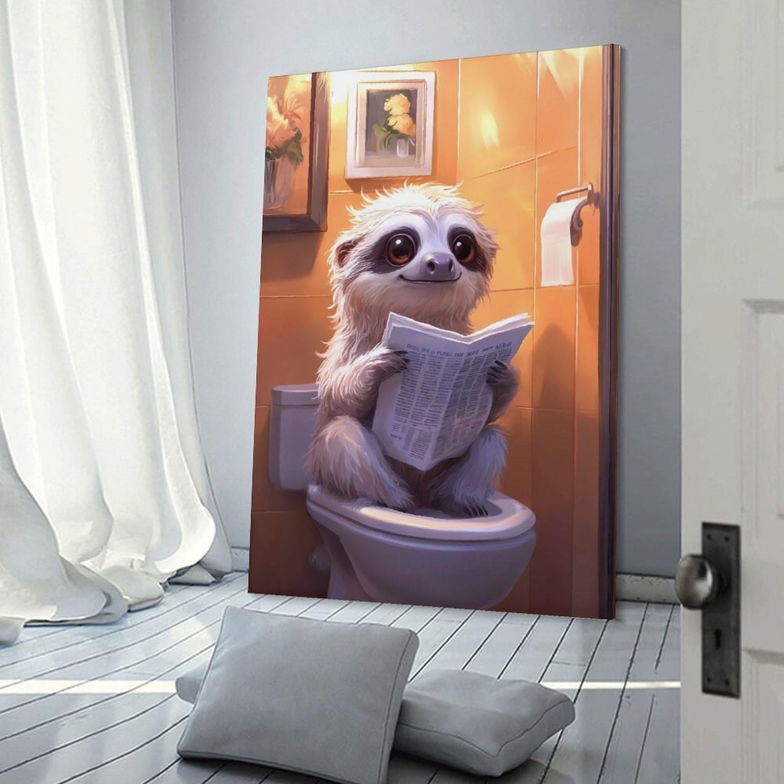 Junmoney Frame-Style-10-1 Sloth Reading On Toilet Funny Wall Decor Canvas Print, 16X24inch(40X60cm), For Living Room, Lounge Or Sitting Room, Easy Decor For Gallery Walls