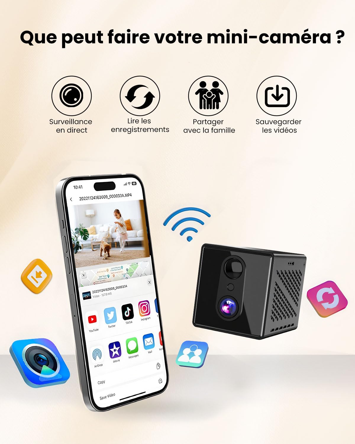 Mini Caméra Espion Sans Fil, 4K Caméra WiFi Intérieur 5G & 2.4GHz, Détection de Mouvement, Vision Nocturne, Batterie 2000 mAh Ultra Longue Autonomie, Stockage Cloud Gratuit, Carte SD, Idéale pour Ma